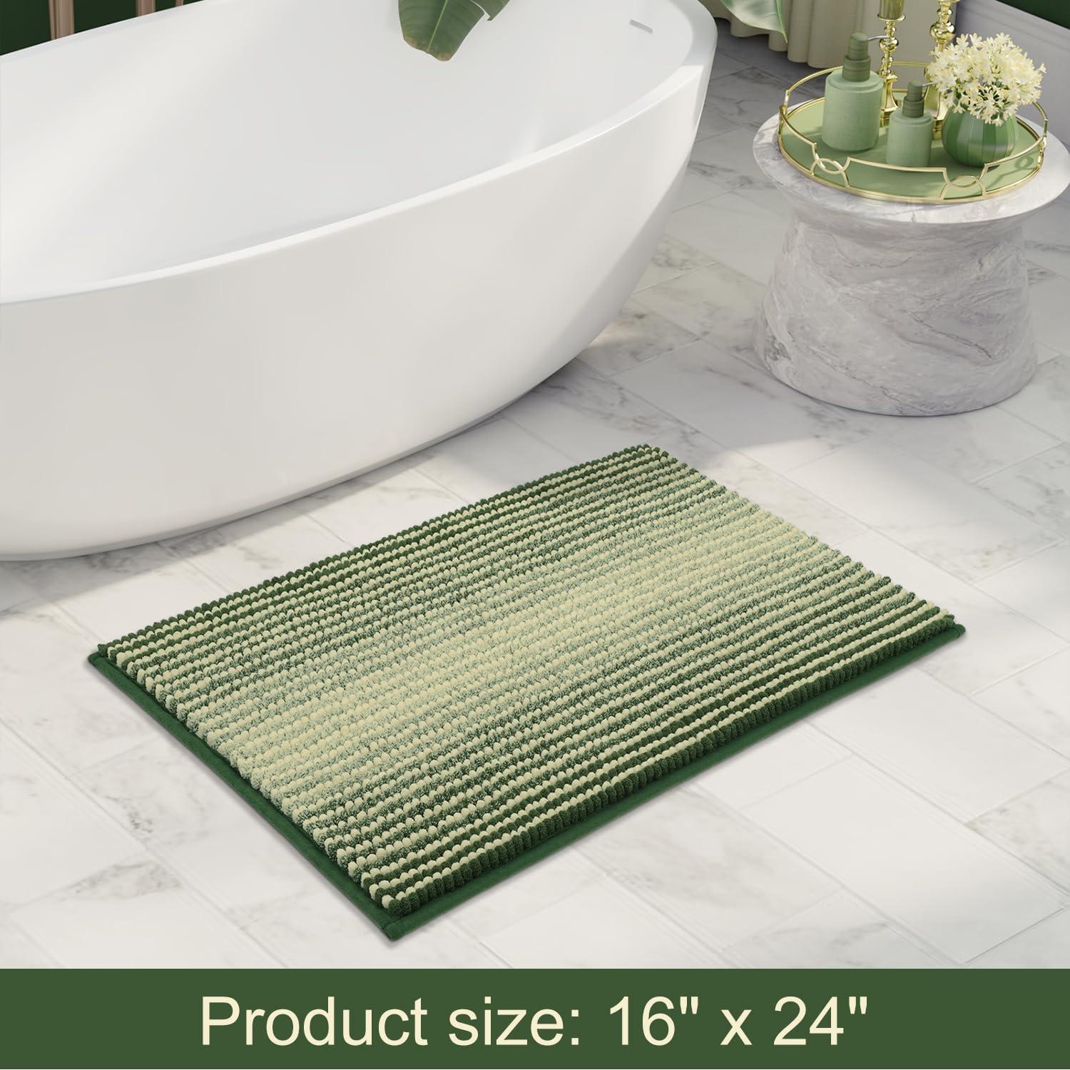 Sage and Cream Chenille Microfiber Non-Slip Bath Mat 17 x 24 Inches