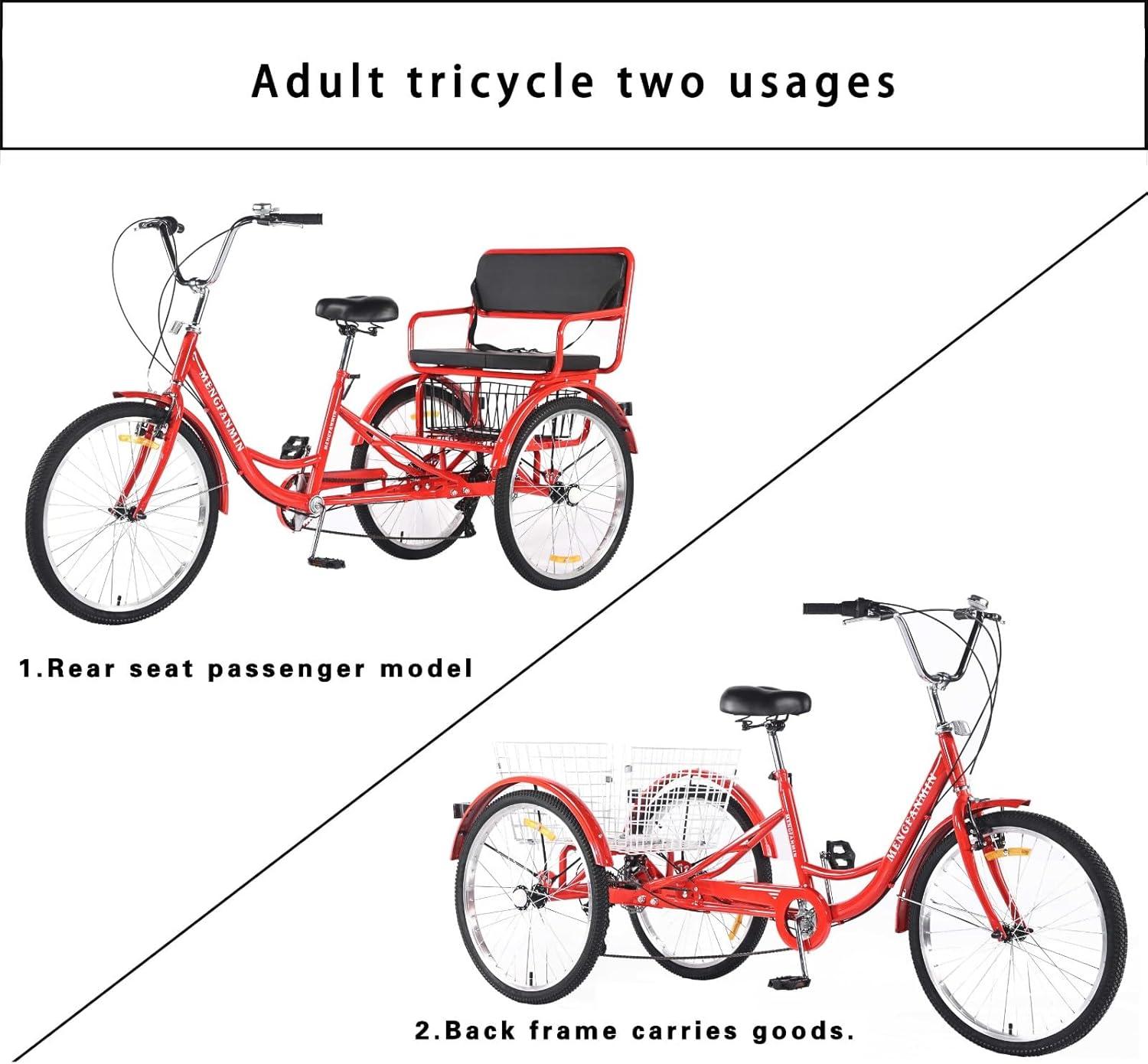 Adult Tricycle 7 Speed, 24 Inch 3 Wheel Bikes Extended Rear wheelbase Tricycle Wheel Bike w/Rear Basket for Women/Children Seniors Maximum Load 550lbs