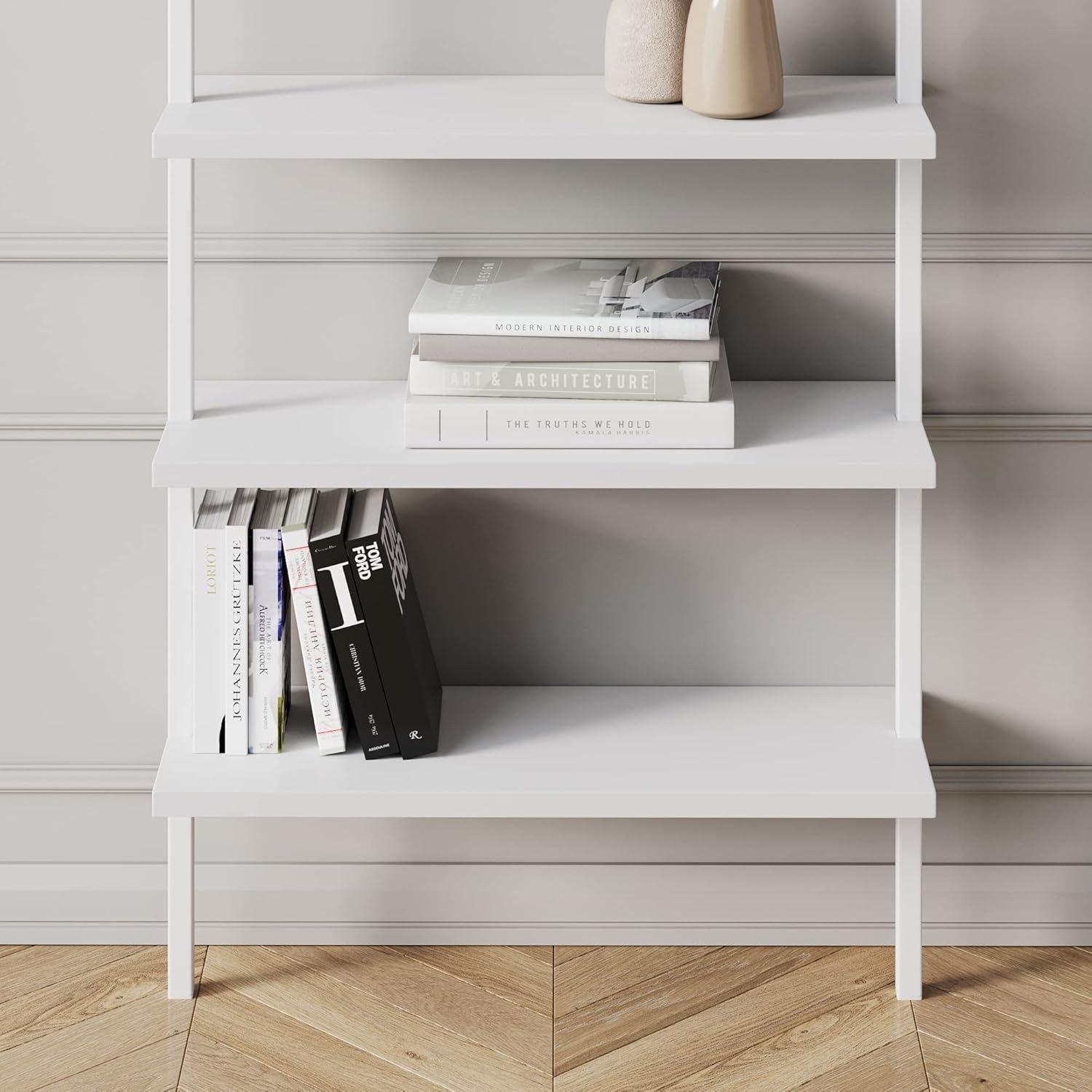 Nathan James Theo 6-Shelf Tall Bookcase Wall Mount Bookshelf White Wood with White Metal Frame White