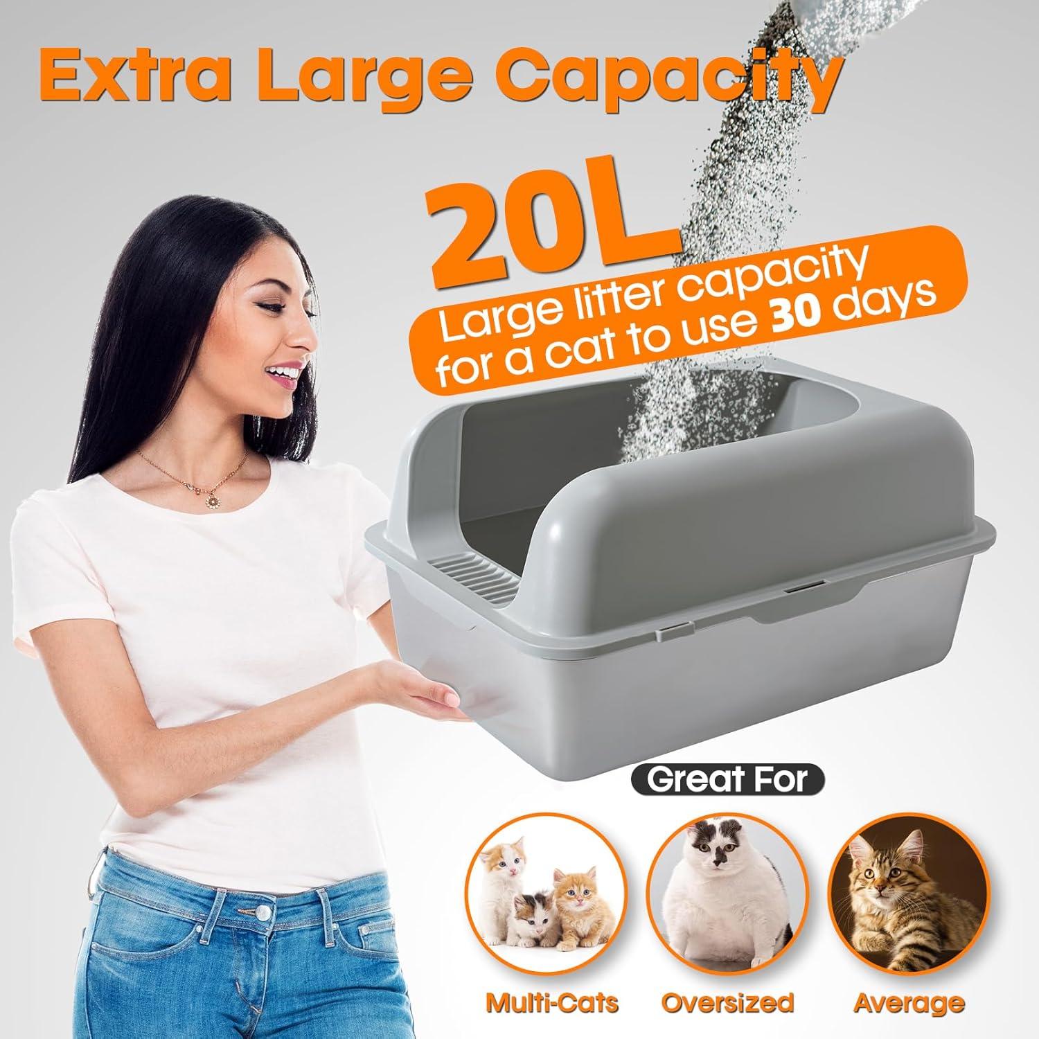 Enclosed Stainless Steel Cat Litter Box with Lid Extra Large Litter Box for Big Cats XL Metal Litter Pan Tray with High Wall Sides Enclosure, Non-Sticky, Anti-Leakage, Easy Cleaning