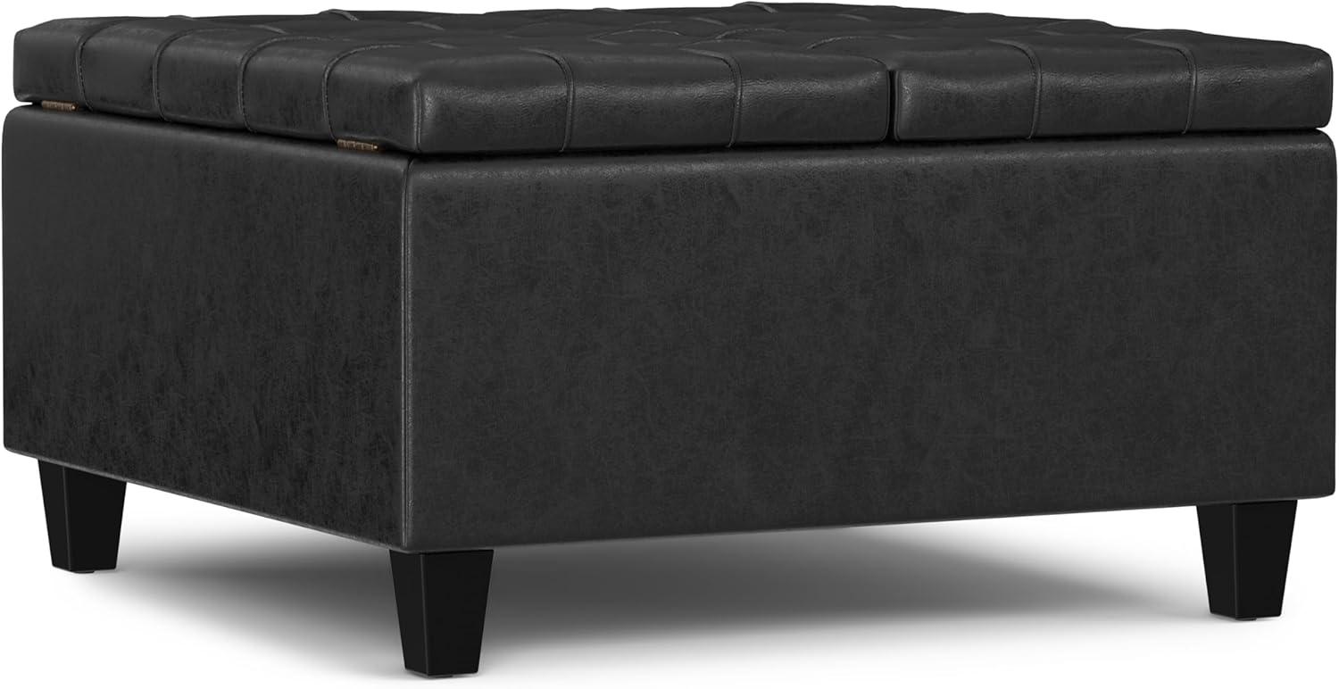 Simpli Home Harrison 30 inch Wide Transitional Square Small Coffee Table Storage Ottoman in Distressed Black Vegan Faux Leather