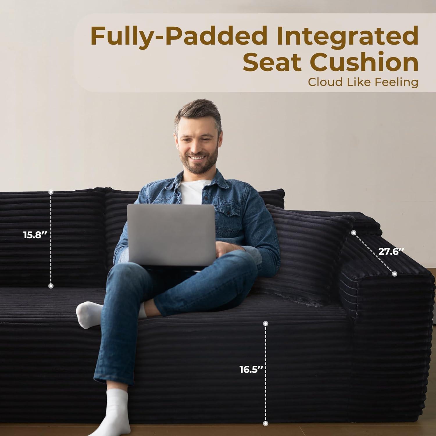 104" L-Shape Modular Sectional Sofa Couch - Comfy Upholstered Cloud Couches for Living Room - Modern Minimalist Couch,Deep Seat,No Assembly Required (Black,Plush Corduroy, Right Facing Chaise)