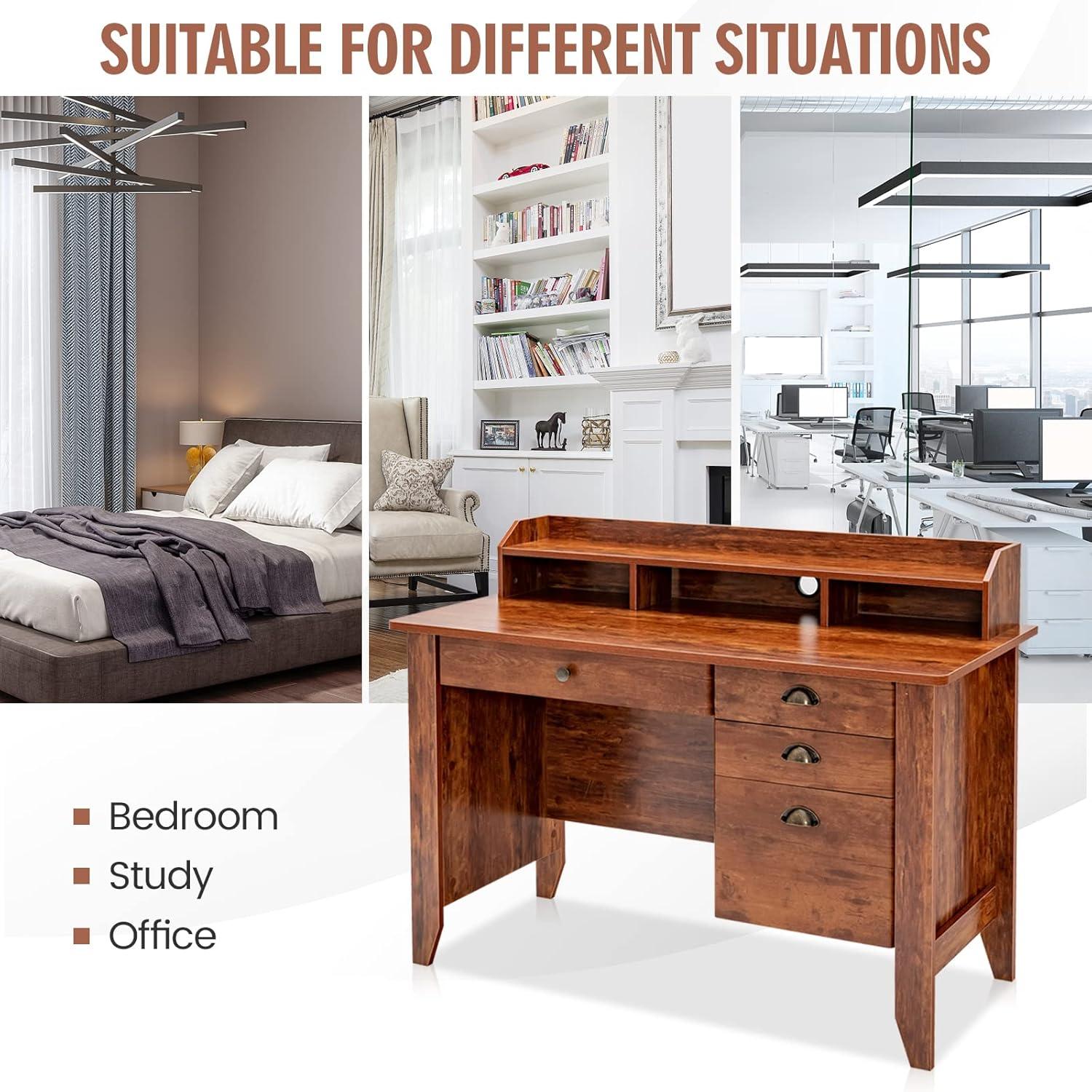 GVN Vintage Computer Desk with Storage Shelves and 4 Drawers-Rustic Brown, Desk for Bedroom, Gaming Computer Desks for Study,Working,Writing