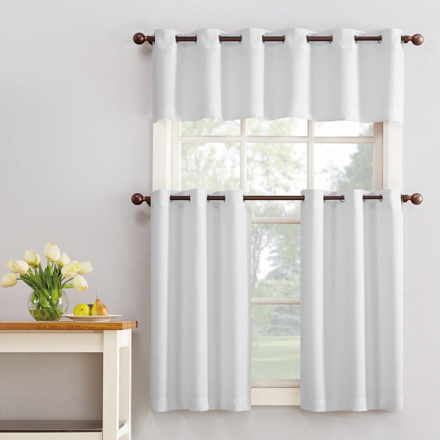 No. 918 Nathan Casual Textured Semi-Sheer Grommet Kitchen Curtains, 56"x24", White