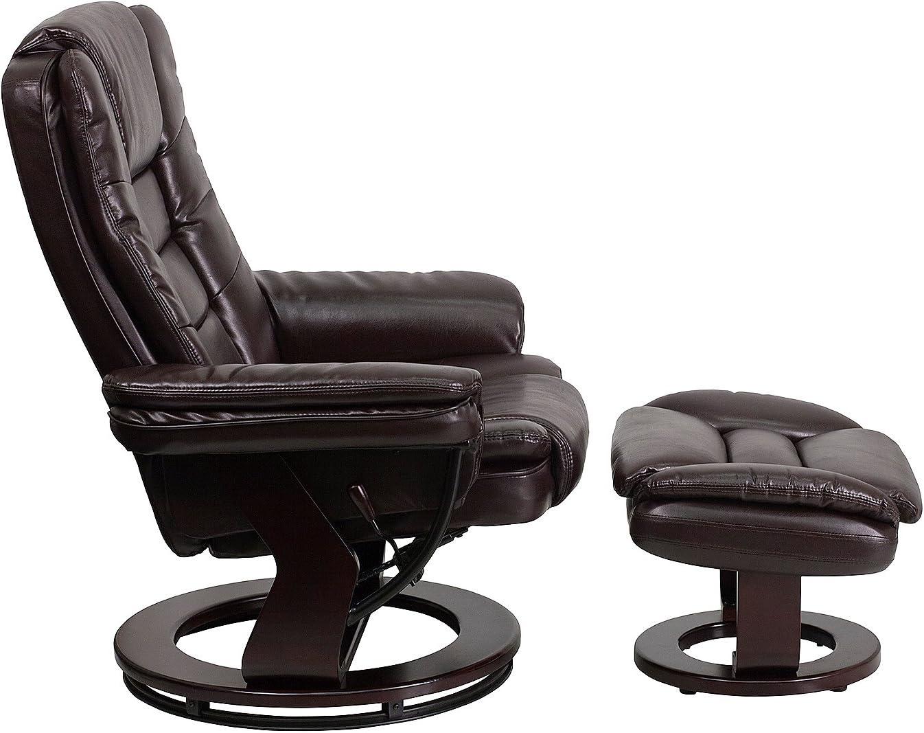 BizChair Contemporary Multi-Position Recliner with Horizontal Stitching and Ottoman with Swivel Mahogany Wood Base in Brown LeatherSoft