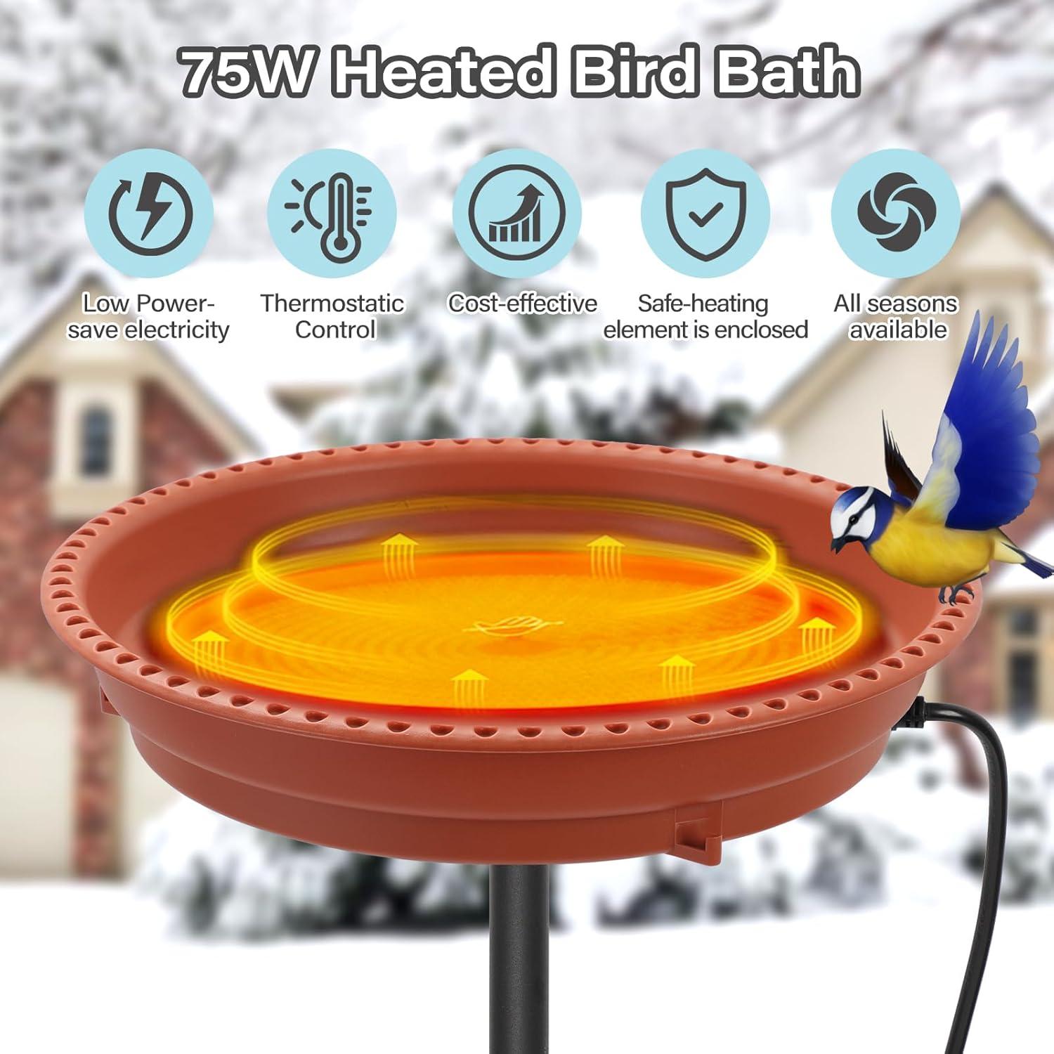 Heated Bird Bath for Outdoors for Winter, 75W Bird Bath Water Heater Bird Bath Deicer,Deep Bowl Thermostatic Control Weather Resistance Stylish Design with Planter Pedestal for All Seasons