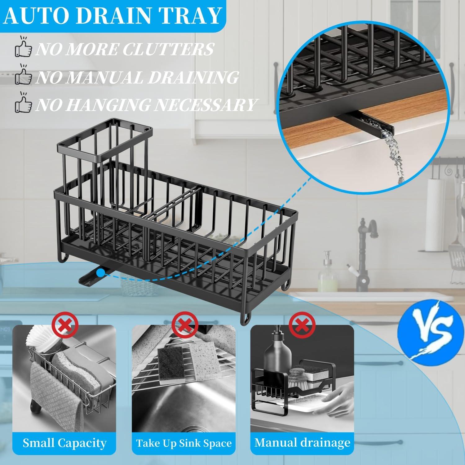 Kitchen Sink Caddy Sponge Organizer, 304 Stainless Steel Holder for Sink,Countertop with Removable Drain Tray with Diversion Drainage