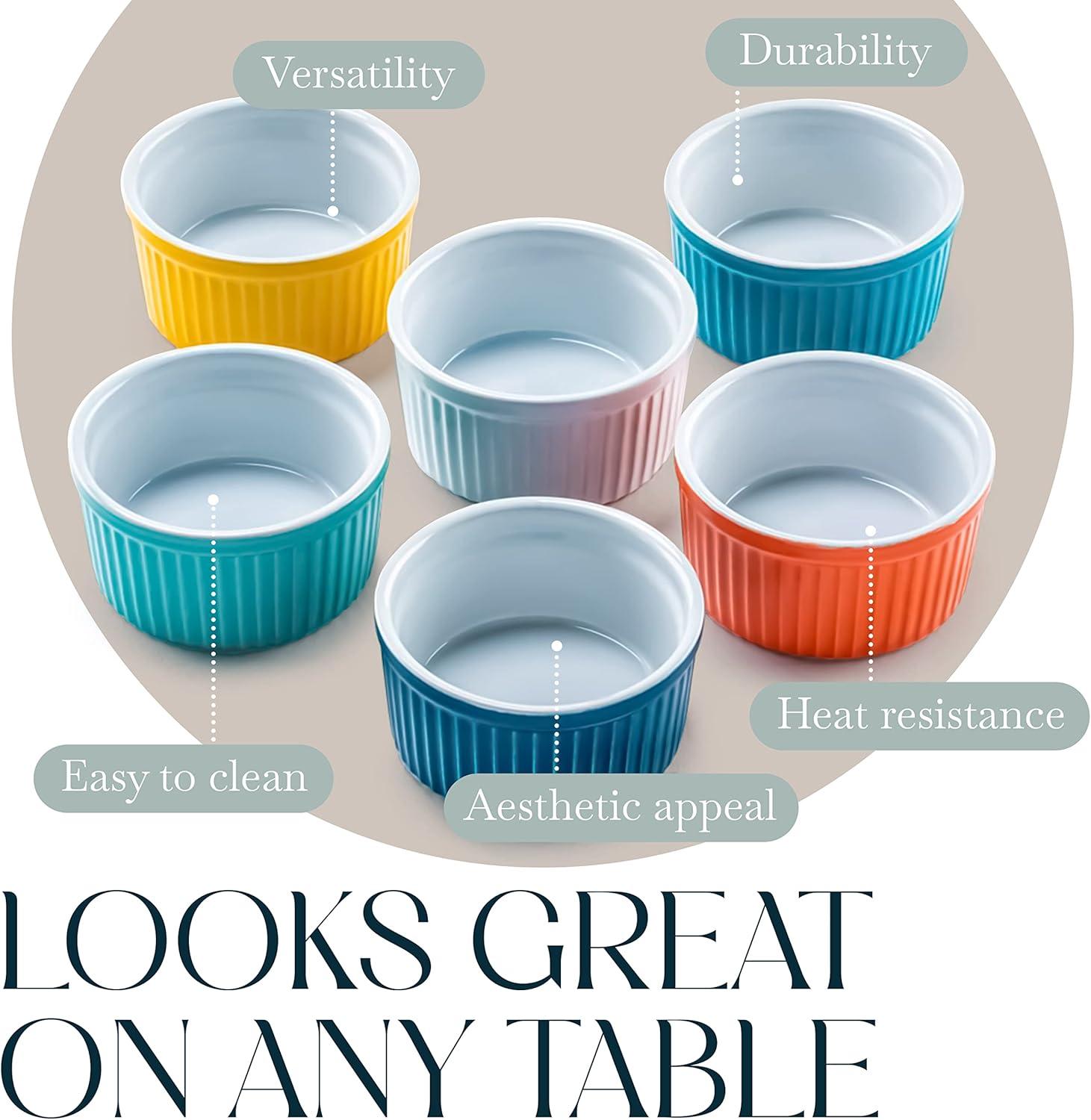 Bellemain 4oz Porcelain Mini Bowls – Set of 6 Multi-Color Ramekins for Baking, Custard, Dips & More – Oven Safe to 500°F