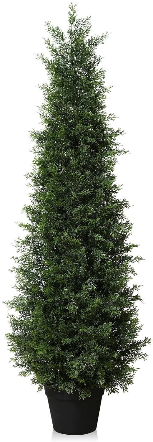 5ft Artificial Cedar Topiary Trees for Outdoors, Fake Cypress Plants with Solar Light String, Faux uv resistant Plants for Home Front Porch Decor, Housewarming Gift