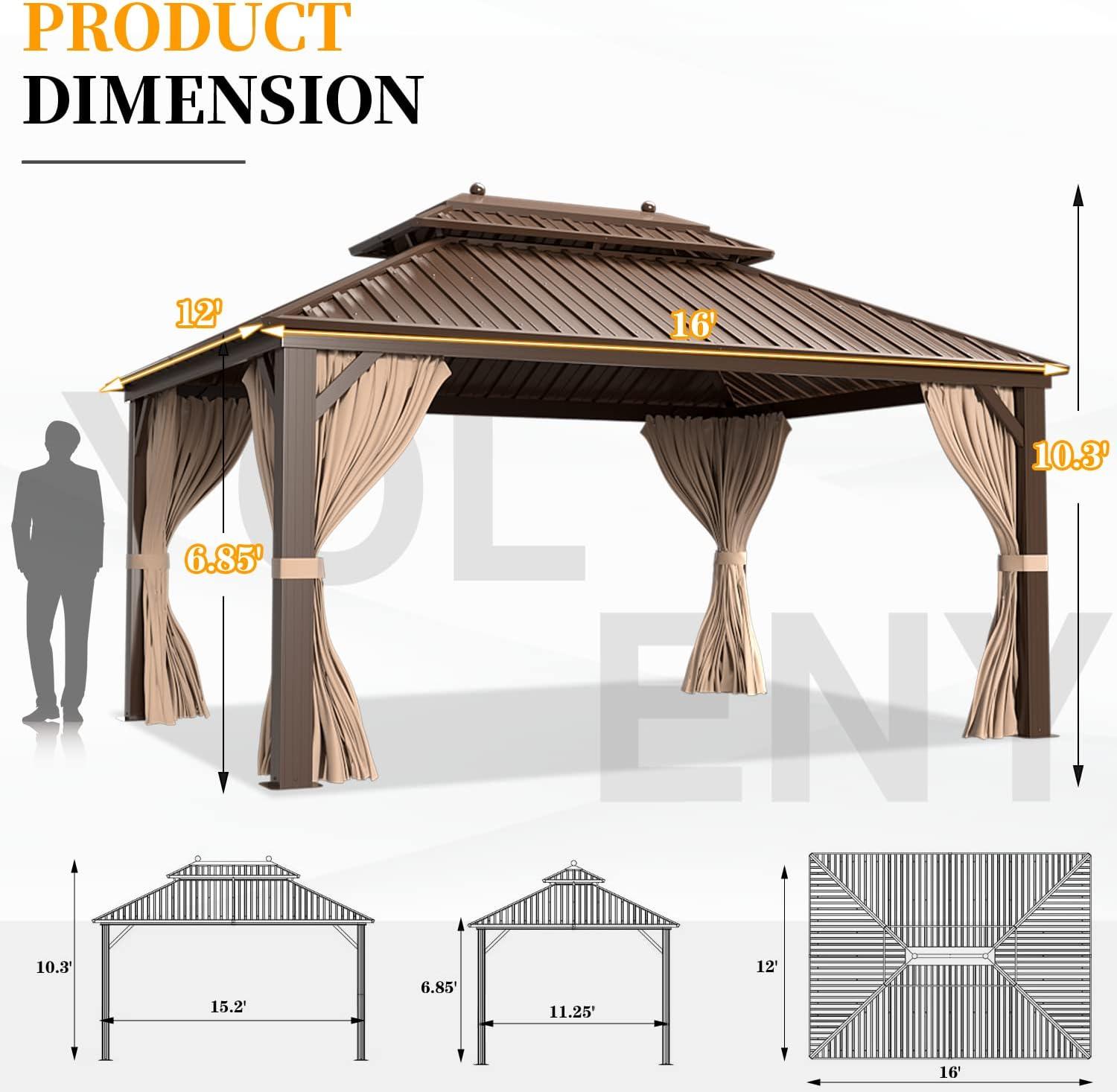 YOLENY 12'x16' Galvanized Steel Hardtop Gazebo with Aluminum Frame and Curtains