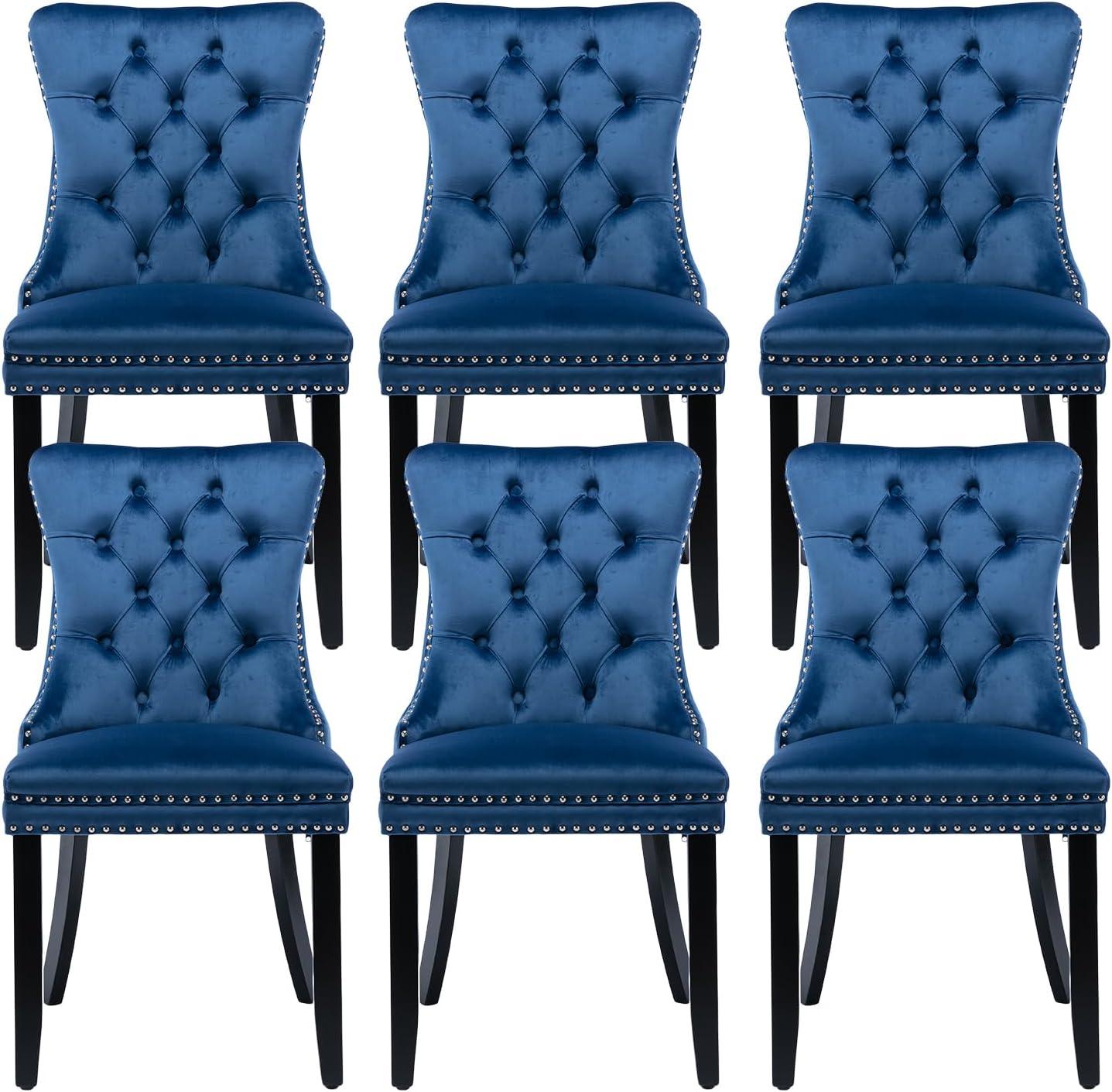 Rhomtree Glam Wood Solid Print Dining Side Chairs, Blue (Set of 6)