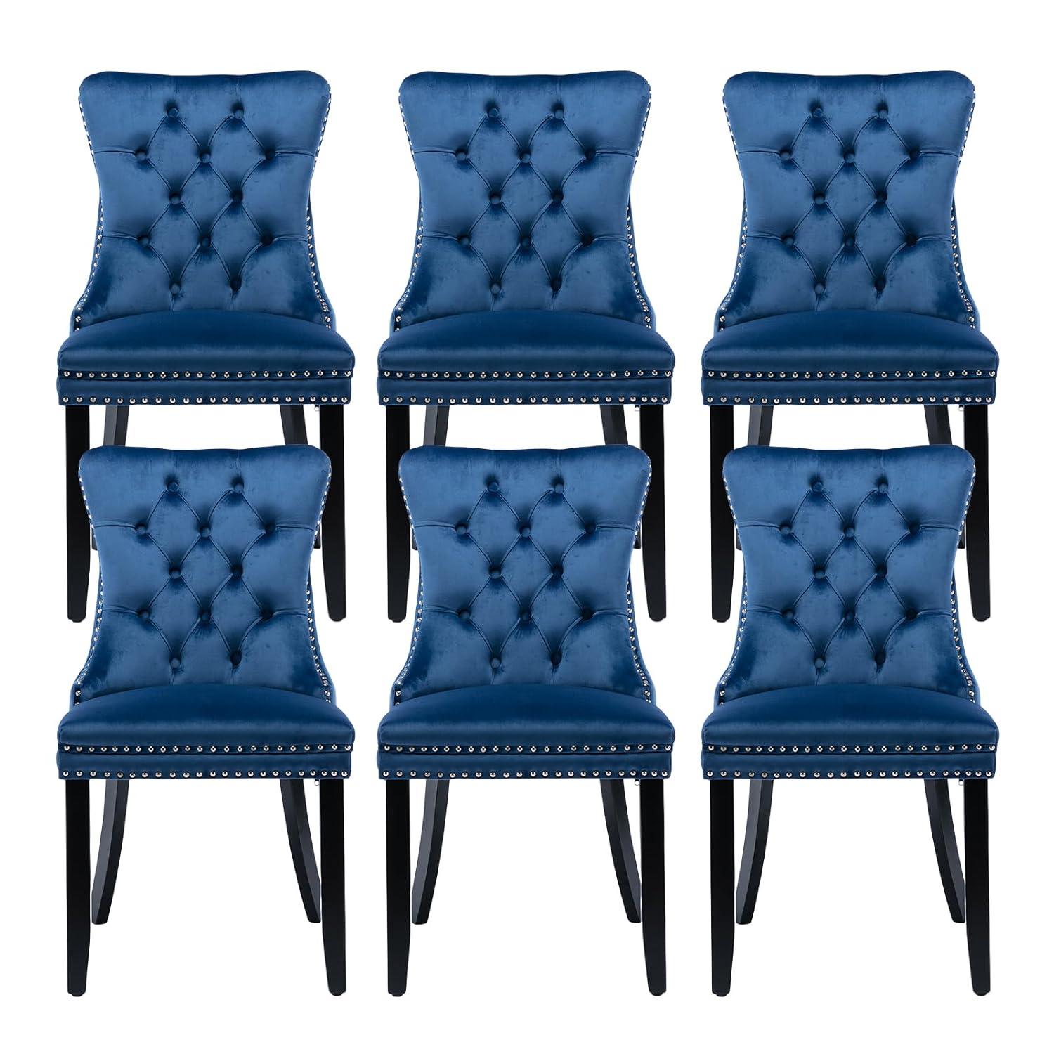 Rhomtree Glam Wood Solid Print Dining Side Chairs, Blue (Set of 6)