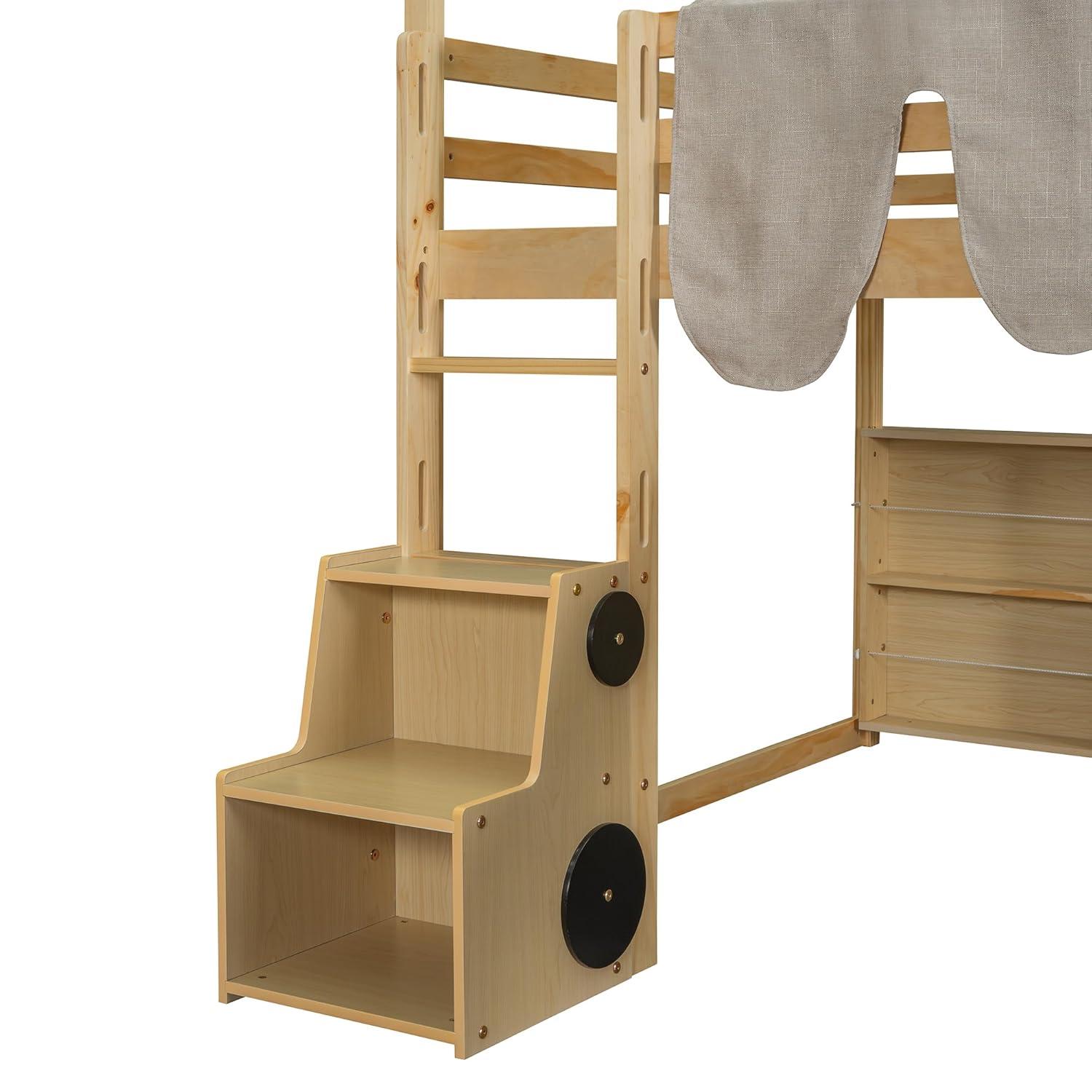 Kids Loft Bed Full Size, Full Loft Bed with Slide and Ladder, Kids House Loft Bed with Storage Shelf and Removable Tent, Full Size Loft Bed for Girls, Boys(Full Natural Beige)