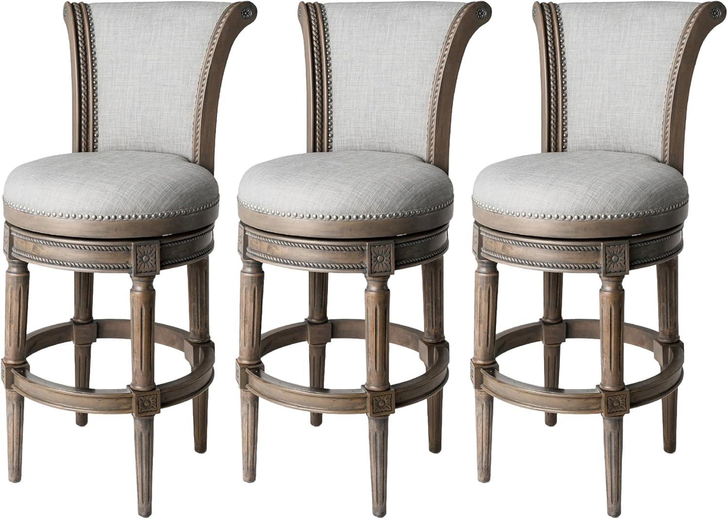 Maven Lane Pullman 31 Inch Tall Bar Height Upholstered Barstool with Back in Reclaimed Oak Finish with Ash Grey Fabric Cushion Seat, Set of 3
