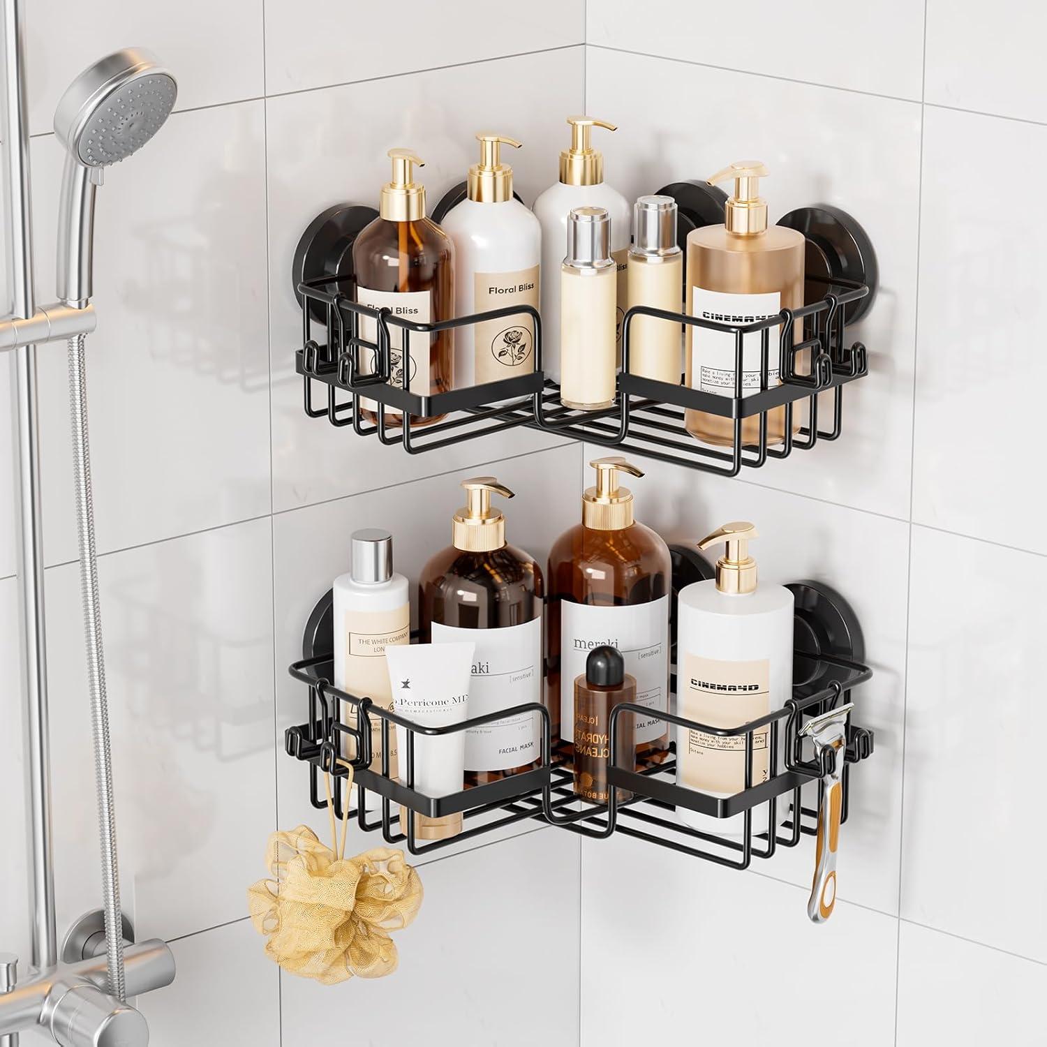 Shower Caddy Suction Cup 2 Pack With Hooks & Soap Holder, Heavy Duty Shower Organizer For Bathroom