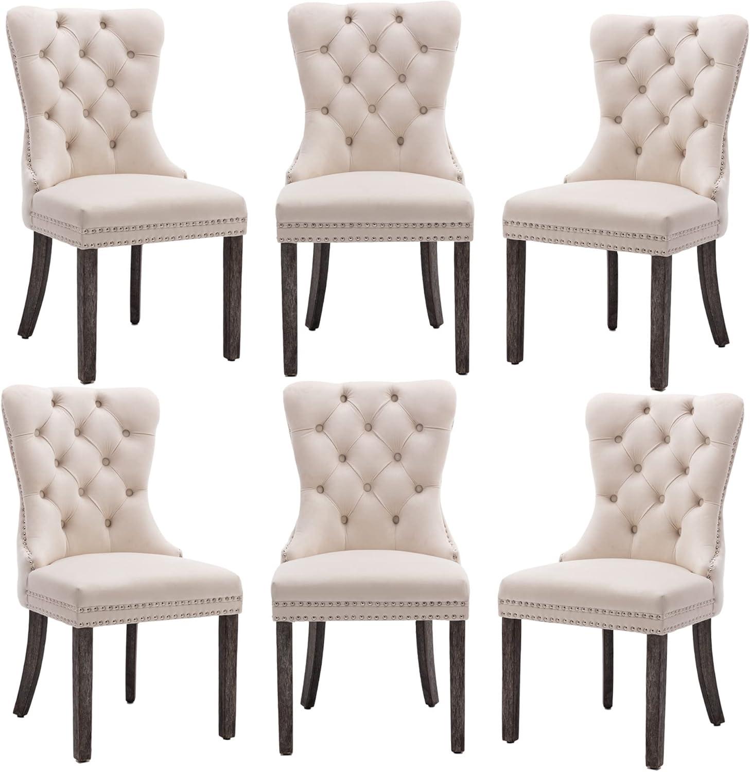 ODUSE-DAILY Beige Velvet Dining Chairs Set of 6, Kitchen & Dining Room Chairs, Tufted Dining Chairs, Fabric Upholstered, Solid Wood, Sillas De Comedor (Beige, 6 Pcs)