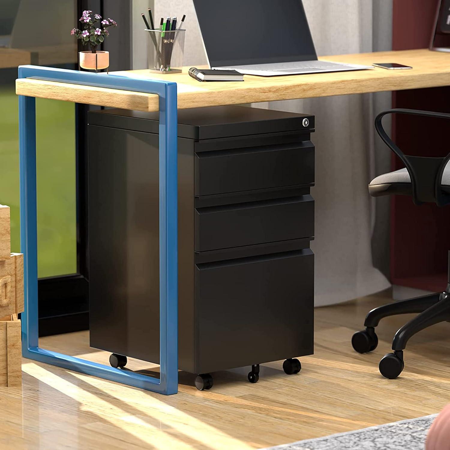 Aobabo 3 Drawer File Cabinet with Lock,Metal Filing Cabinet with Wheels for Home Office & Business Enterprise, Legal/Letter Size, Fully Assembled Except Wheels, Black