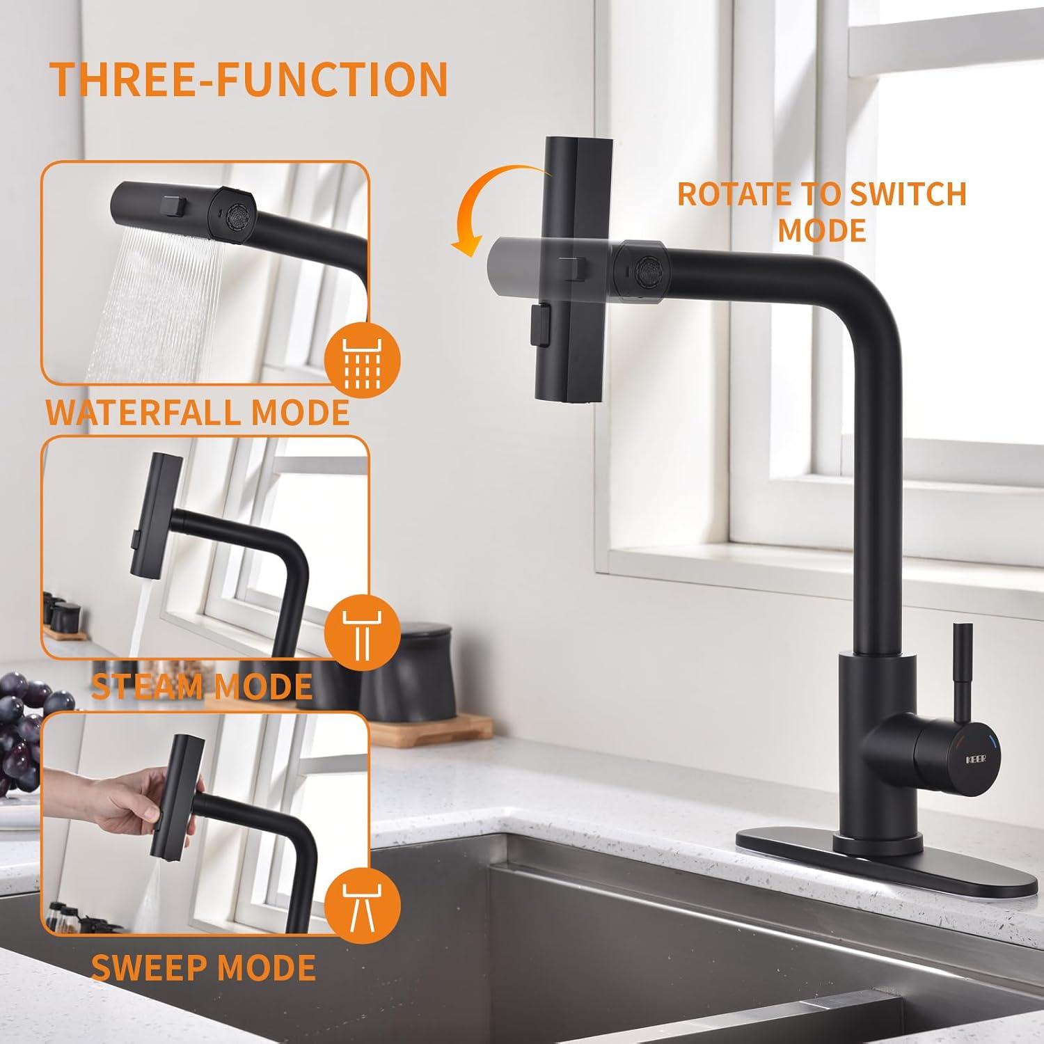 Matte Black Stainless Steel Pull Down Kitchen Faucet with Soap Dispenser