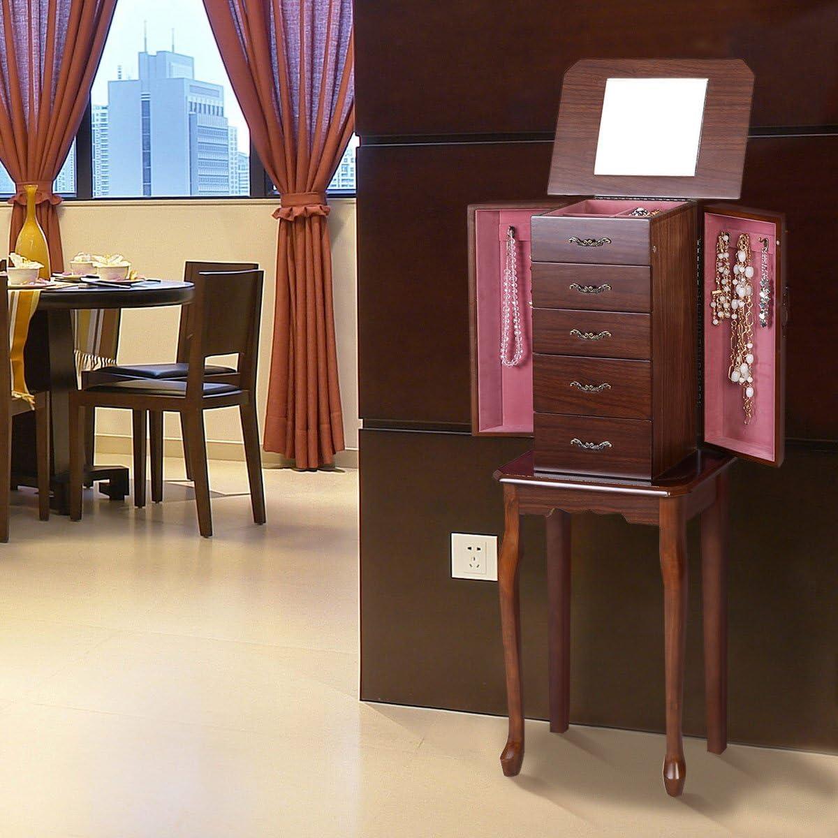 Walnut Standing Jewelry Cabinet Armoire with Mirror and Drawers