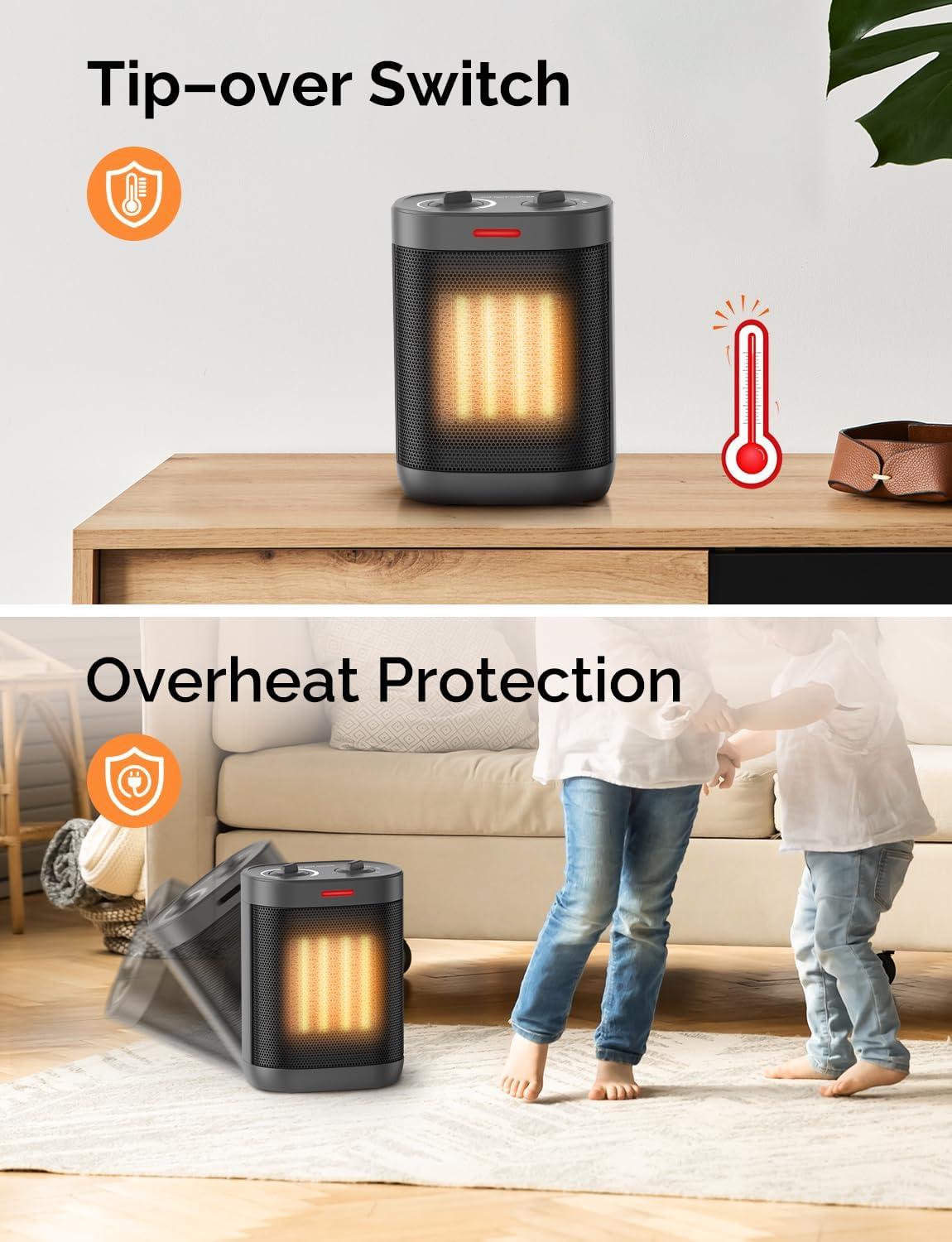 1500W Space Heaters for Indoor Use, Portable PTC Ceramic Space Heater, Small Space Heater with Thermostat, Three Modes, Overheat and Tip-Over Protection for Office Home