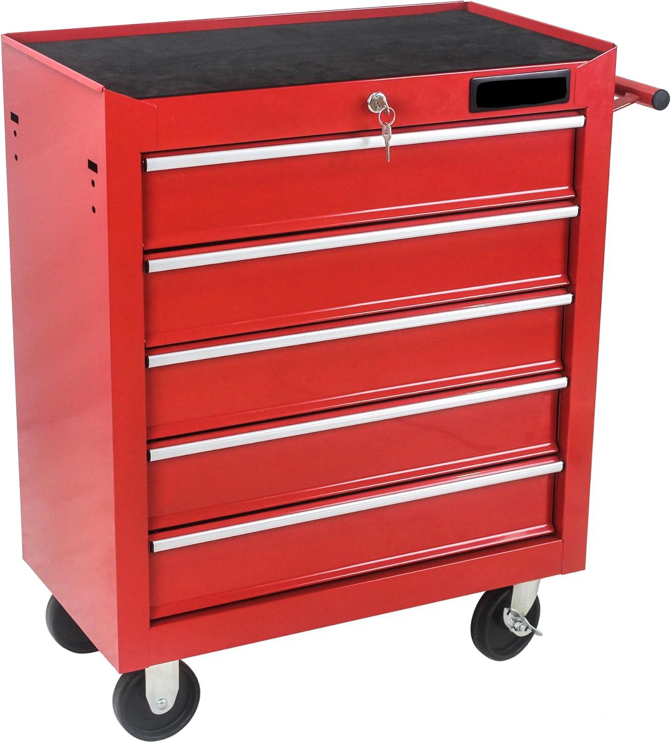 Multifunctional 5 Drawer Rolling Tool Chest, Powder-Coated Steel Construction Tool Cart with Pull Handle and lock for Garage, Warehouse, Workshop, Repair Shop, Red