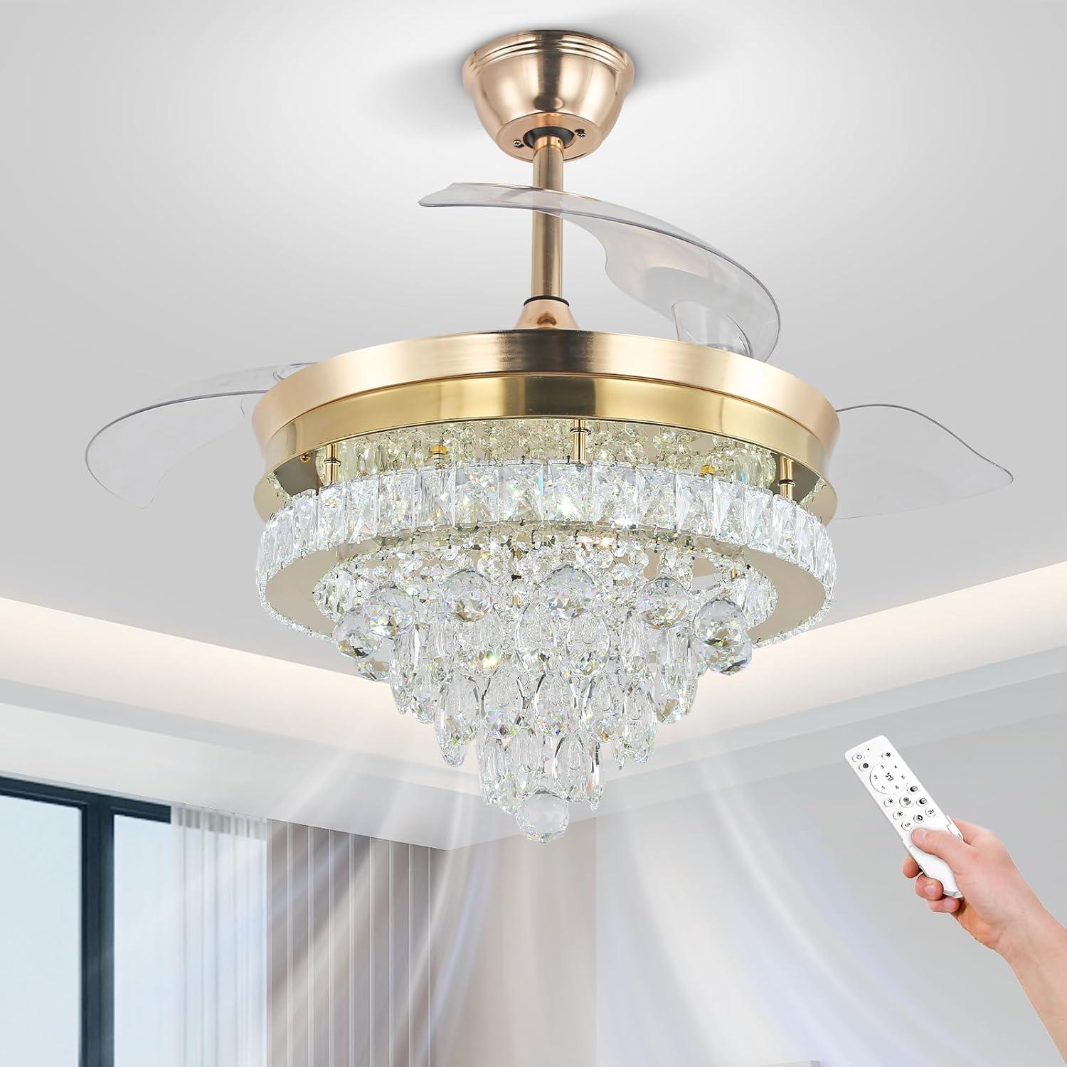 42 in. Indoor Gold Smart Retractable Crystal Ceiling Fan with Adjustable LED Light Included with Remote