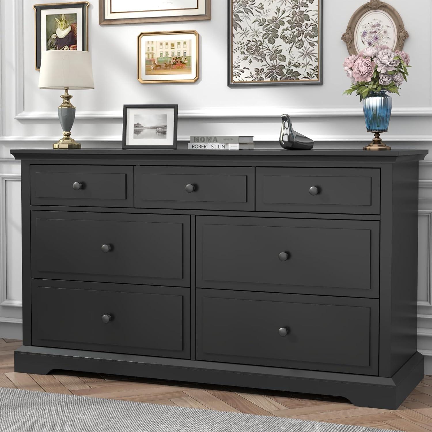 Winston Porter Raydyn 7 Drawers White Double Dressers Chests for Bedroom, Large Storage Dressers Organizer for Bedroom, Long Dresser Tv Stand, Vintage Solid Tall Closet Dressers with Storage for Living Room, Hallway