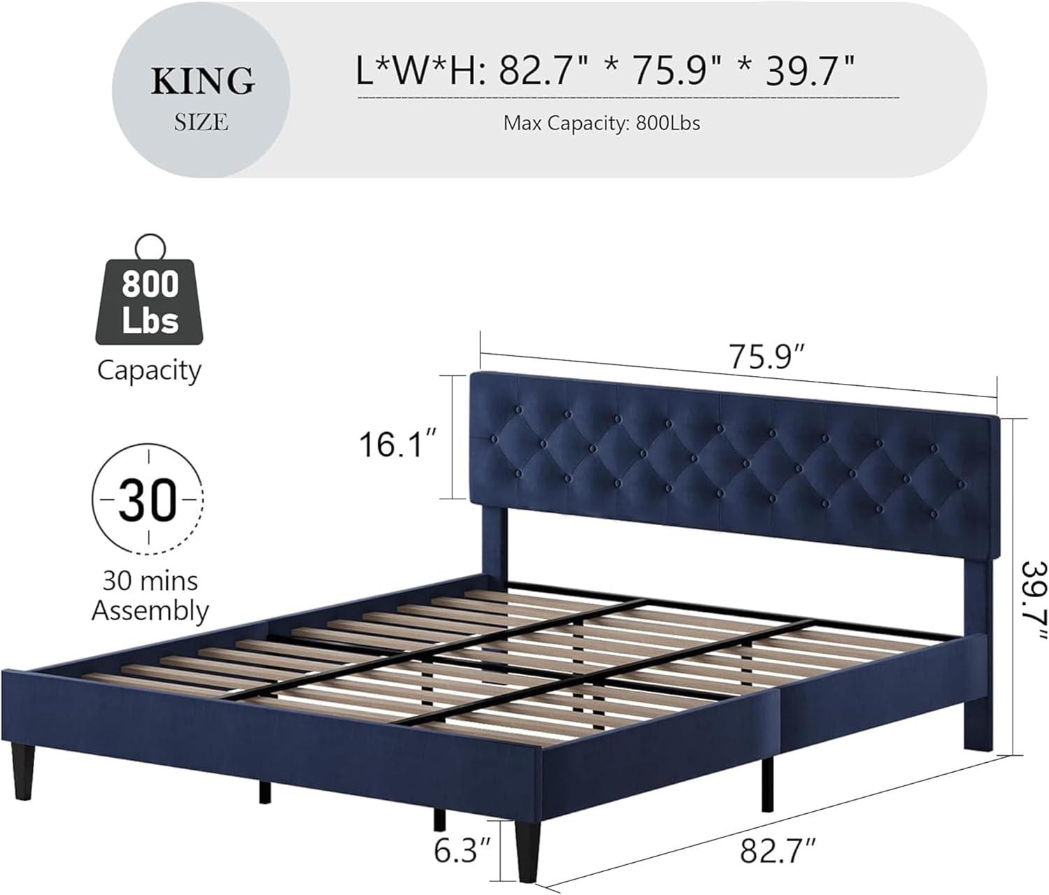 King Size Bed Frame, Upholstered Platform Bed Frame King with Button Tufted Headboard, Wooden Slats Support, No Box Spring Required, Easy Assembly, Navy Blue