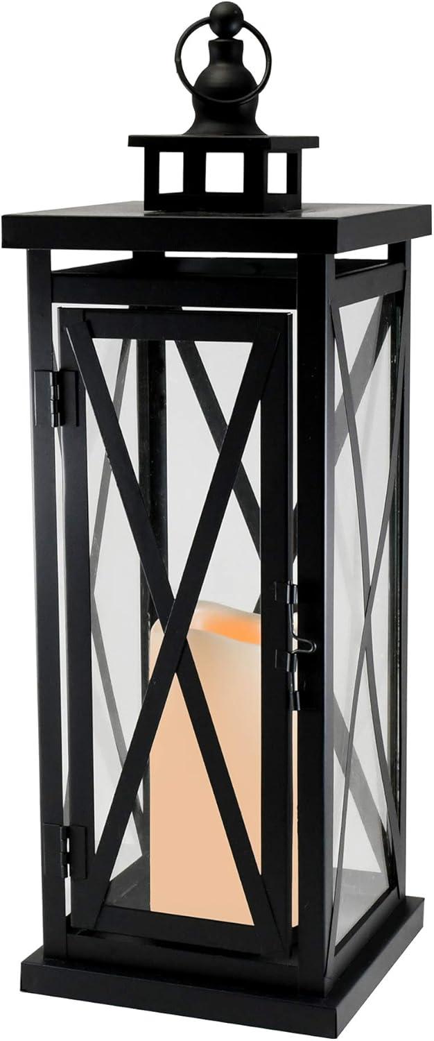 LumaBase Metal Lantern with Battery Operated Candle - Black Crisscross