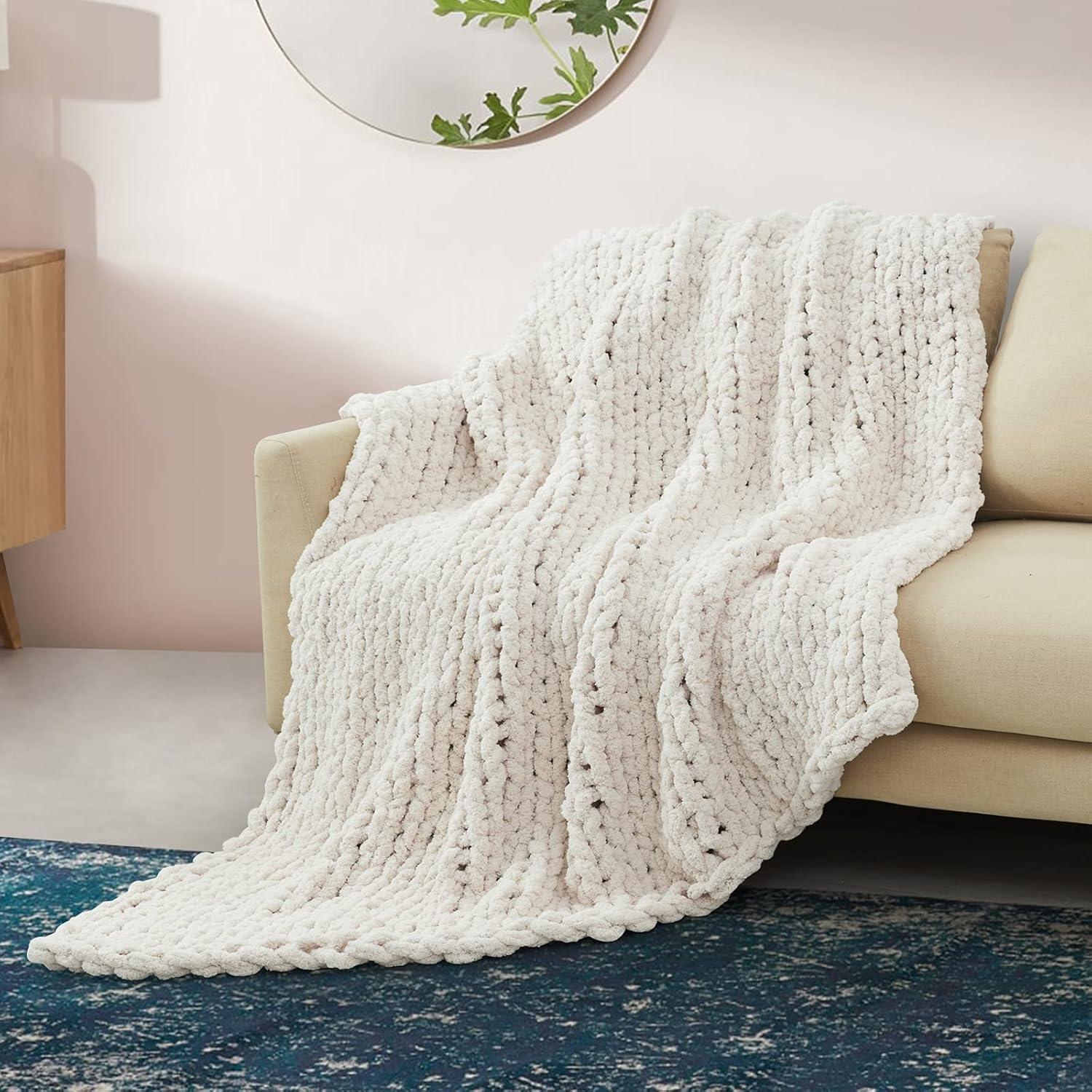 Beige Chunky Knit Chenille Throw Blanket 40x50