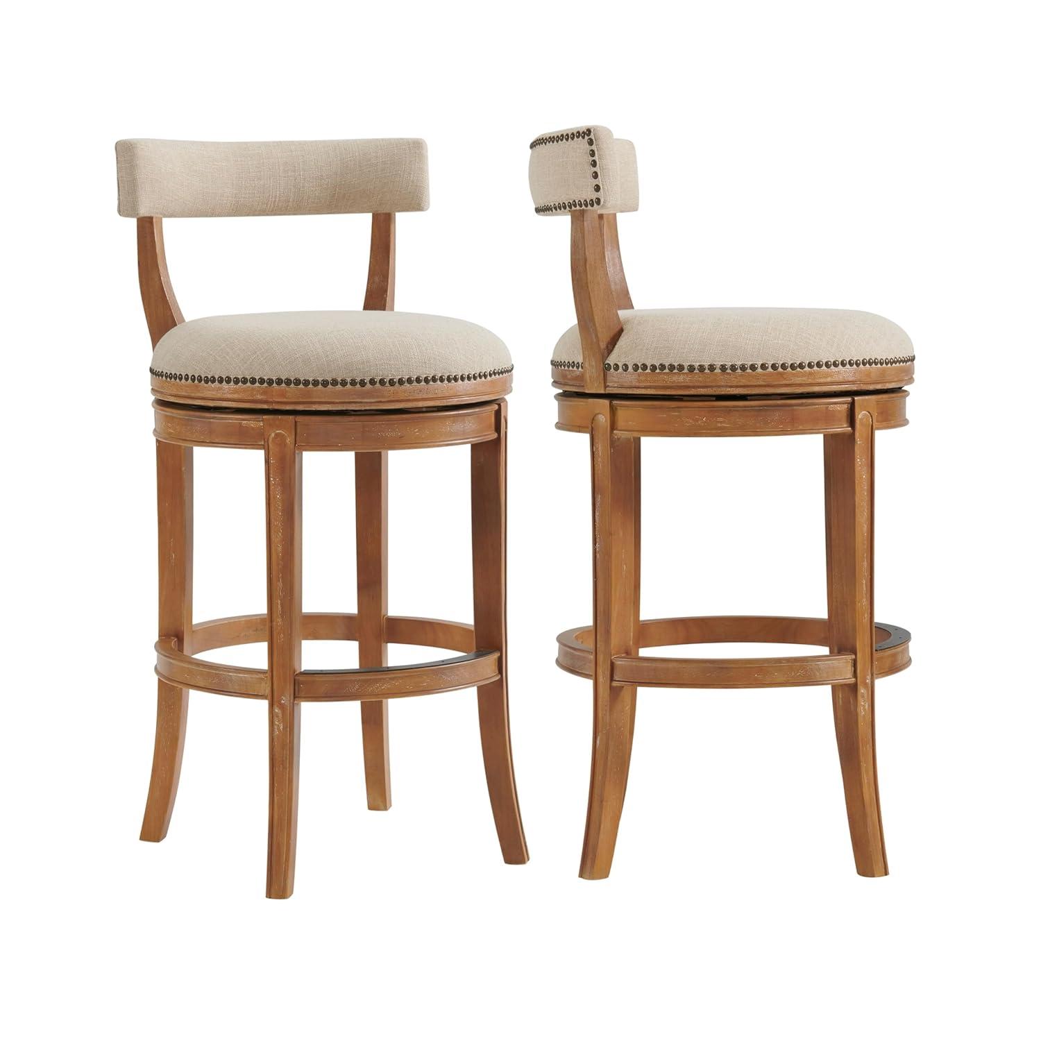 Alaterre Hanover Swivel Bar Height Stool, Weathered Brown and Beige, Solid Rubberwood Frame with Faux Linen Upholstered Seat, Nailhead Trim, Memory Return Swivel, 20 in. W x 22 in. D x 41 in. H
