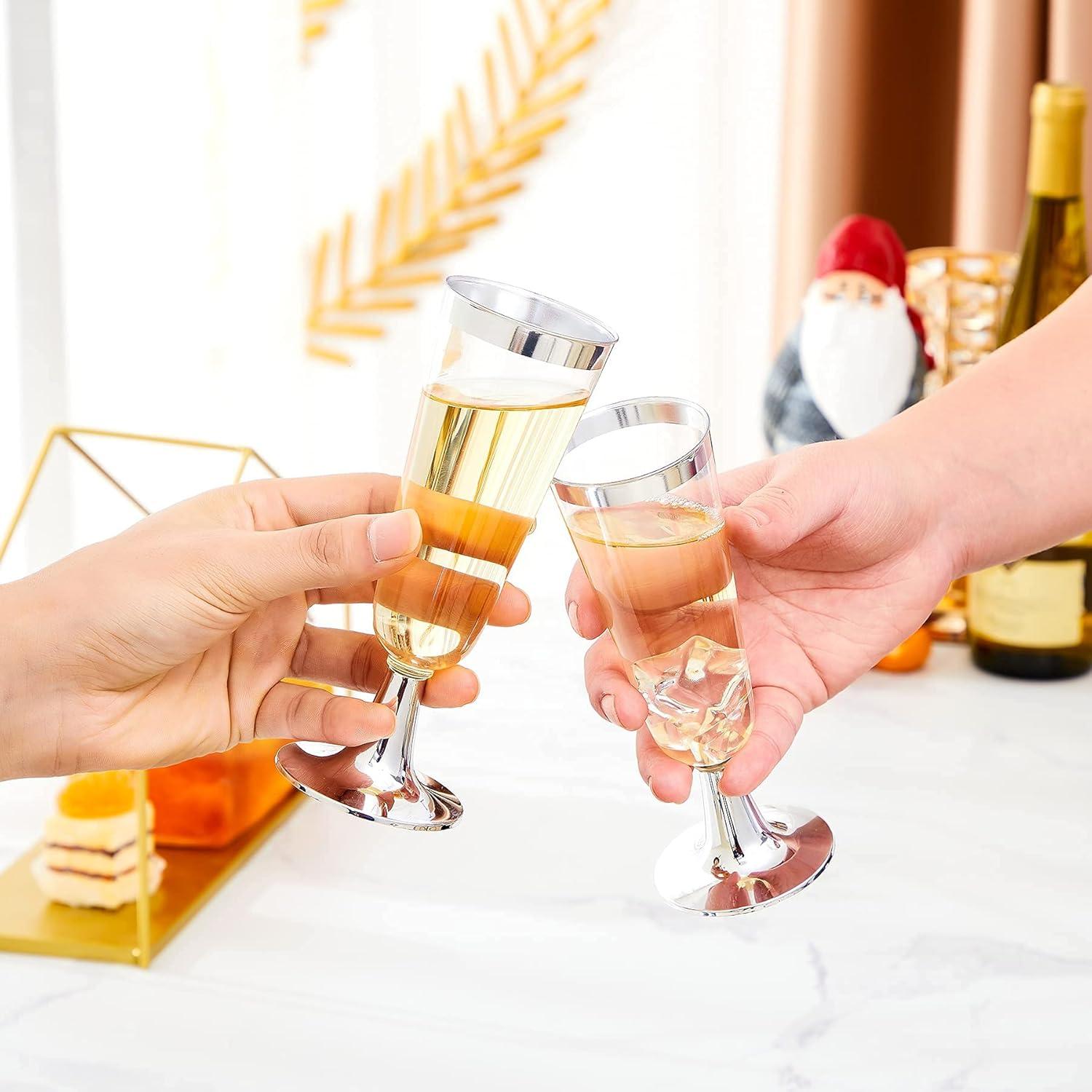 N9R 24pcs Plastic Champagne Flutes with Silver Rim, Clear Disposable Champagne Glasses 5 Oz, Perfect for Wedding and Party Toasting