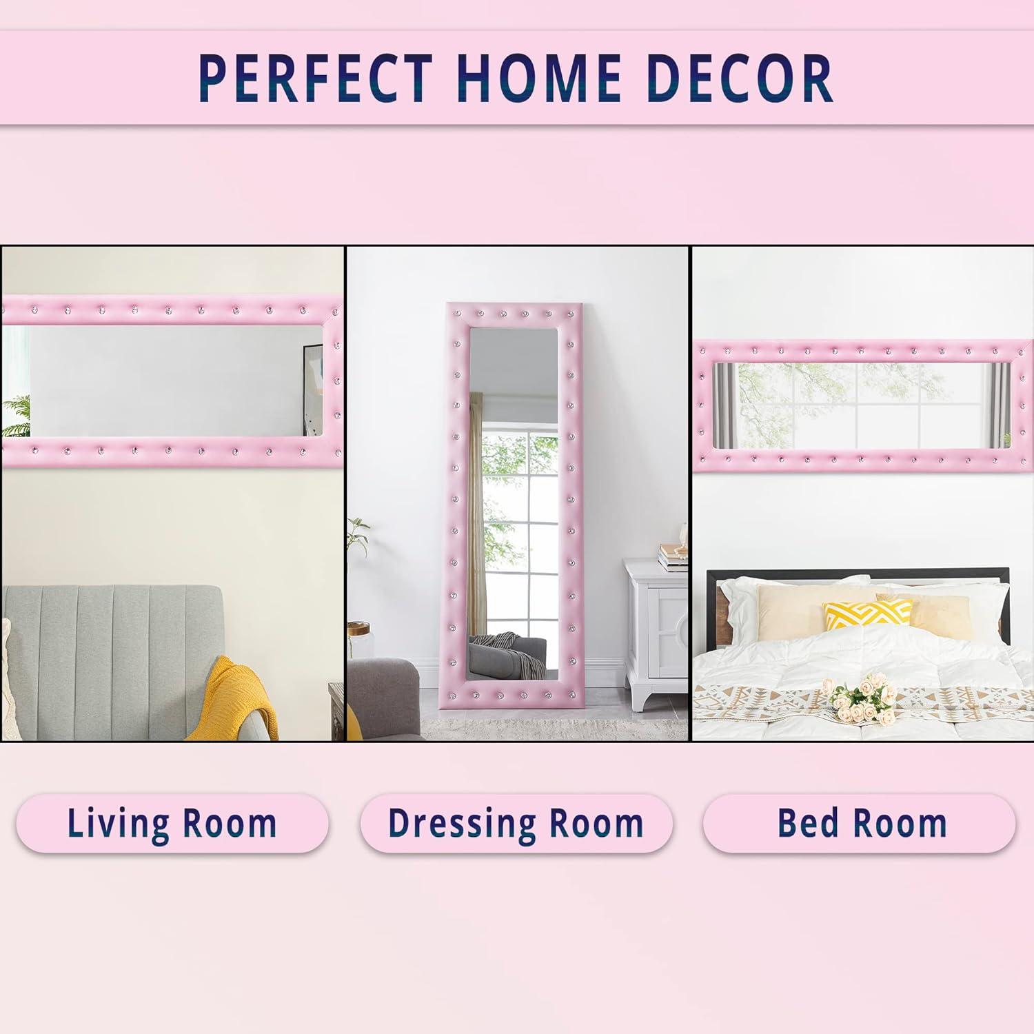 Naomi Home Crystal Tufted Floor Mirror Full Length 63 LX22 W Wall Mirror Full Length Standing Wall with Faux Wood Frame Mirrors for Bedroom - Pink