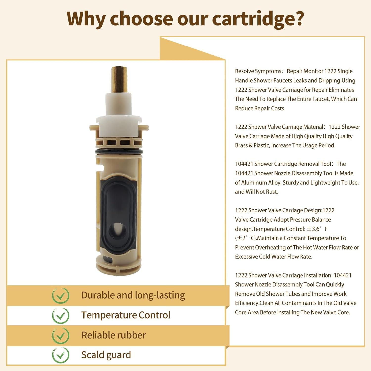 1222 Replacement Cartridge with Moen 104421 Cartridge Puller Removal Tool Retainer Clip Compatible with Moen One-Hanlde Posi Temp 1222B Shower Bathtub Faucet (1222 cartridge +104421 cartridge puller)