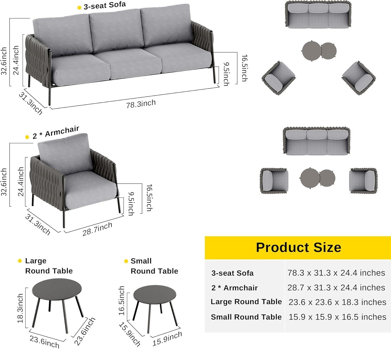 Patio Furniture Set 5 Pieces Sofa with Two Round Coffee Table  and Waterproof Thick Cushion Deep Seating