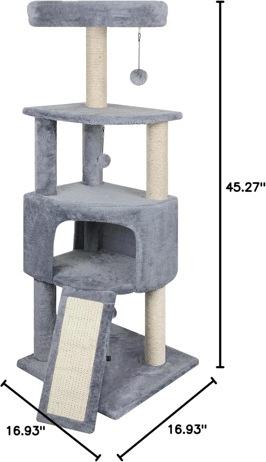 45" Gray Cat Tree Tower with Condo and Scratching Post