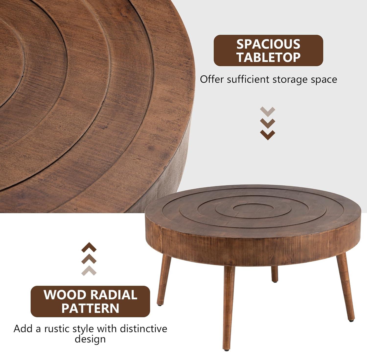 COSIEST 2 Piece Round Coffee Table Set, Modern Nesting Table with Handcrafted Wood Ring Motif, Farmhouse Wood End Table for Living Room