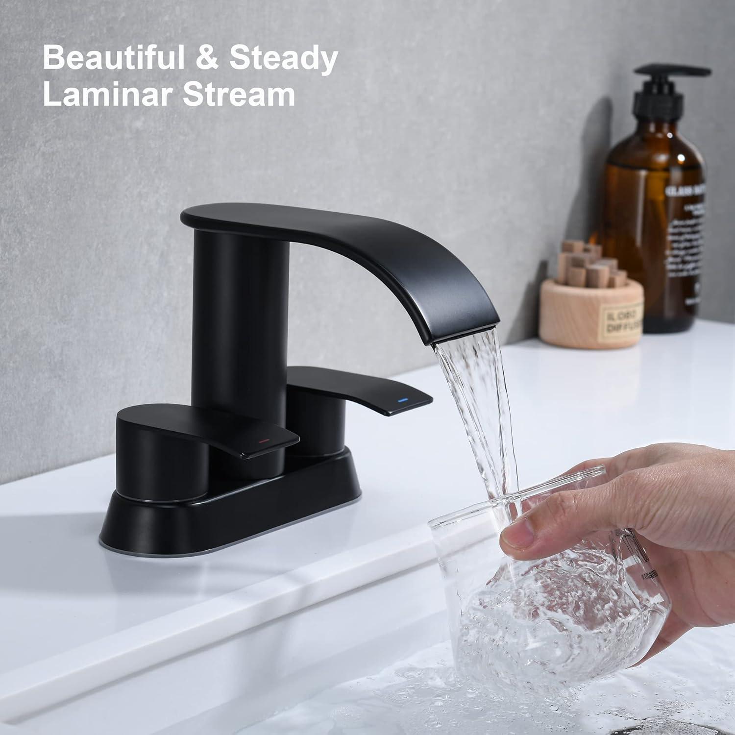 Waterfall Bathroom Sink Faucet Matte Black, Two Handles Bathroom Faucet with Metal Pop up Sink Drain Stopper, 2 or 3 Holes Bathroom Basin Lavatory Mixer Tap with Deck Mount Plate