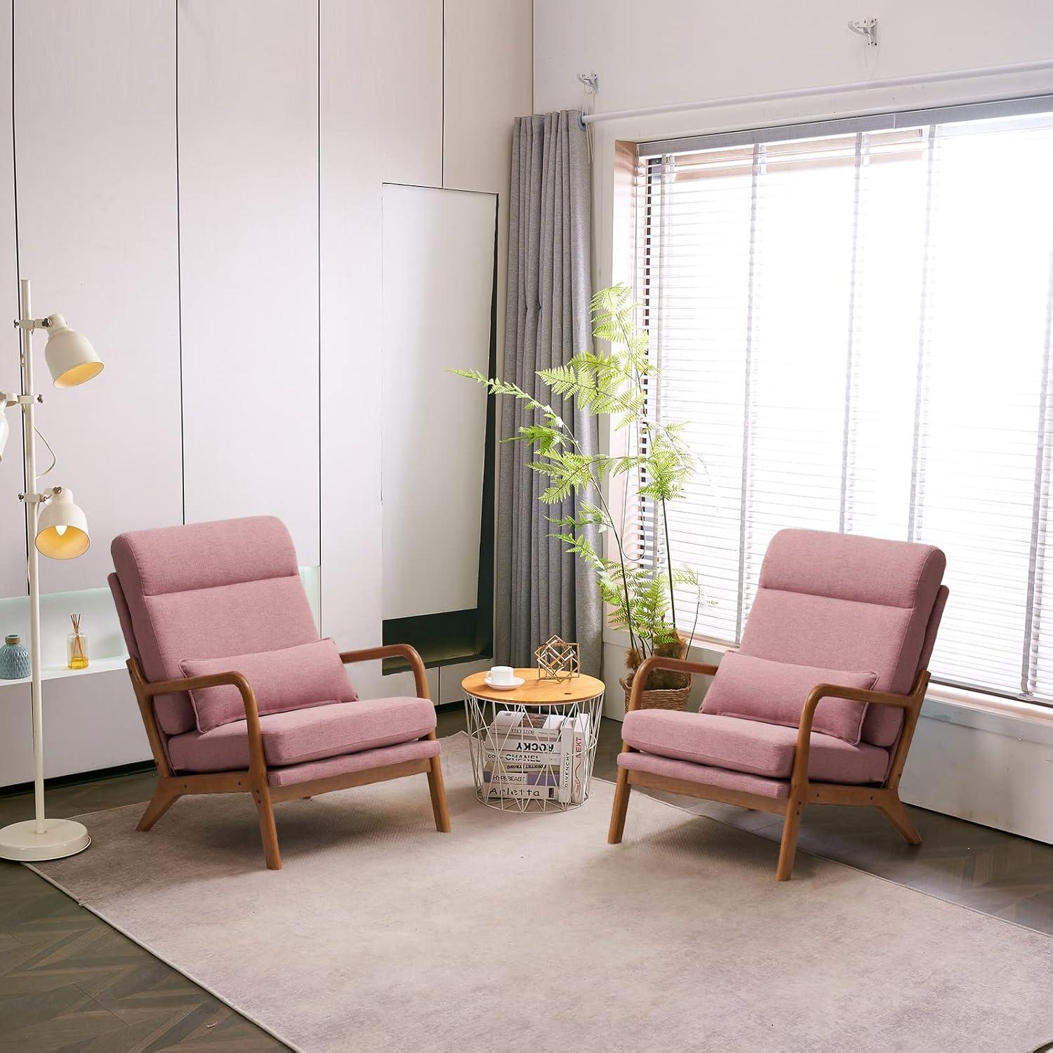 Accent Chair Mid-Century Modern Chair with High Back, Upholstered Lounge Arm Chair with Wood Frame and Soft Cushion for Living Room Bedroom Reading Balcony, Pink