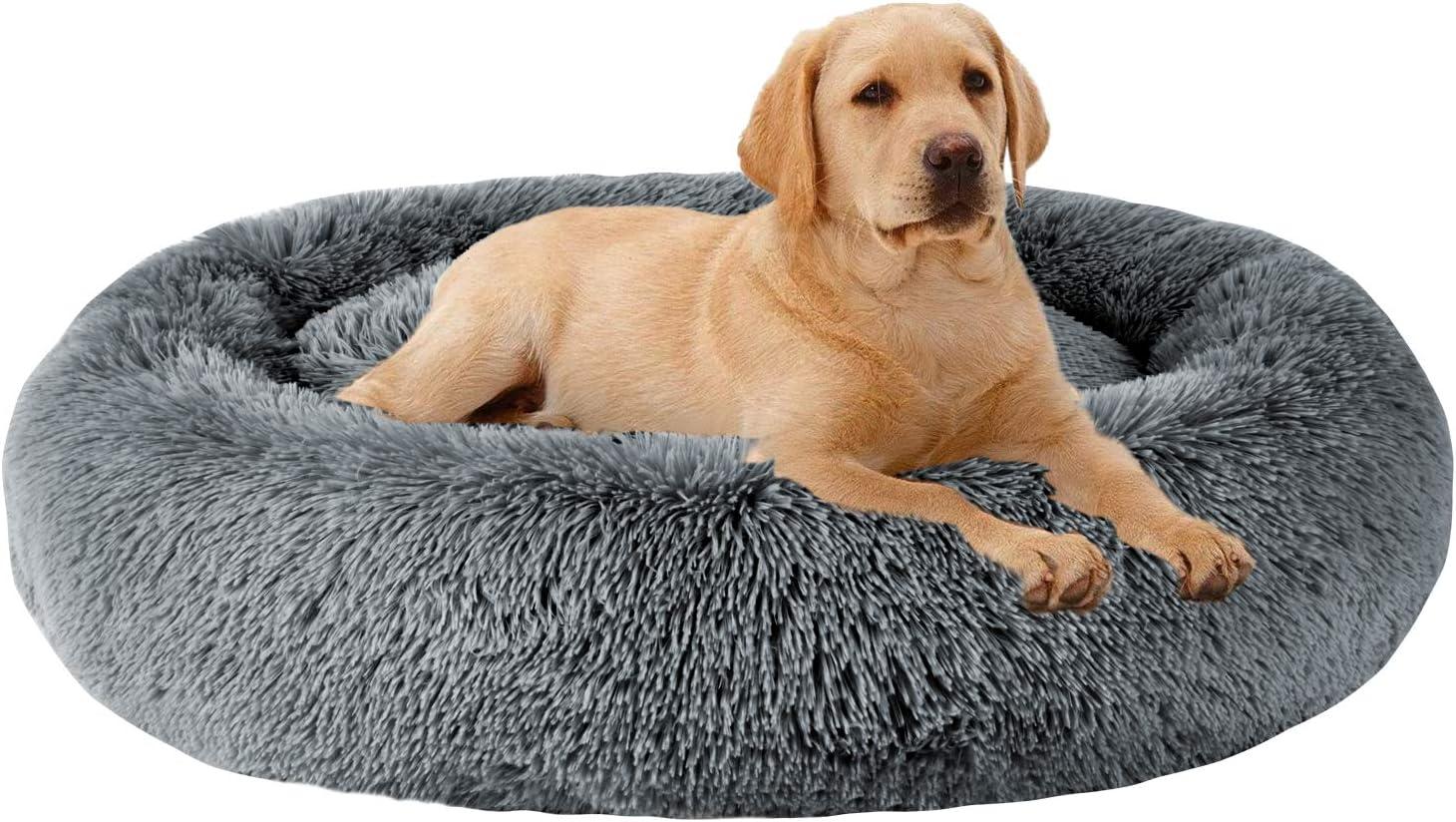 MFOX Calming Dog Bed (S/M/L/XL) for Medium and Large Dogs Comfortable Pet Bed Faux Fur Donut Cuddler Up to 15/30/50/90lbs