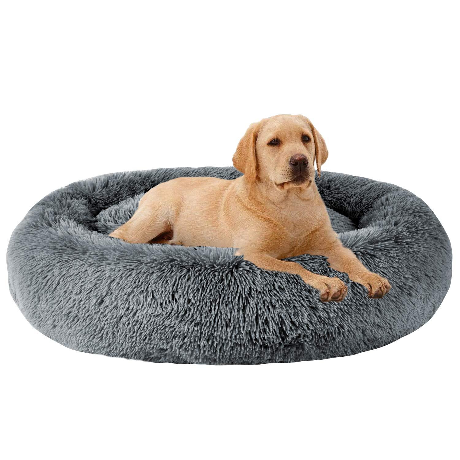 MFOX Calming Dog Bed (S/M/L/XL) for Medium and Large Dogs Comfortable Pet Bed Faux Fur Donut Cuddler Up to 15/30/50/90lbs