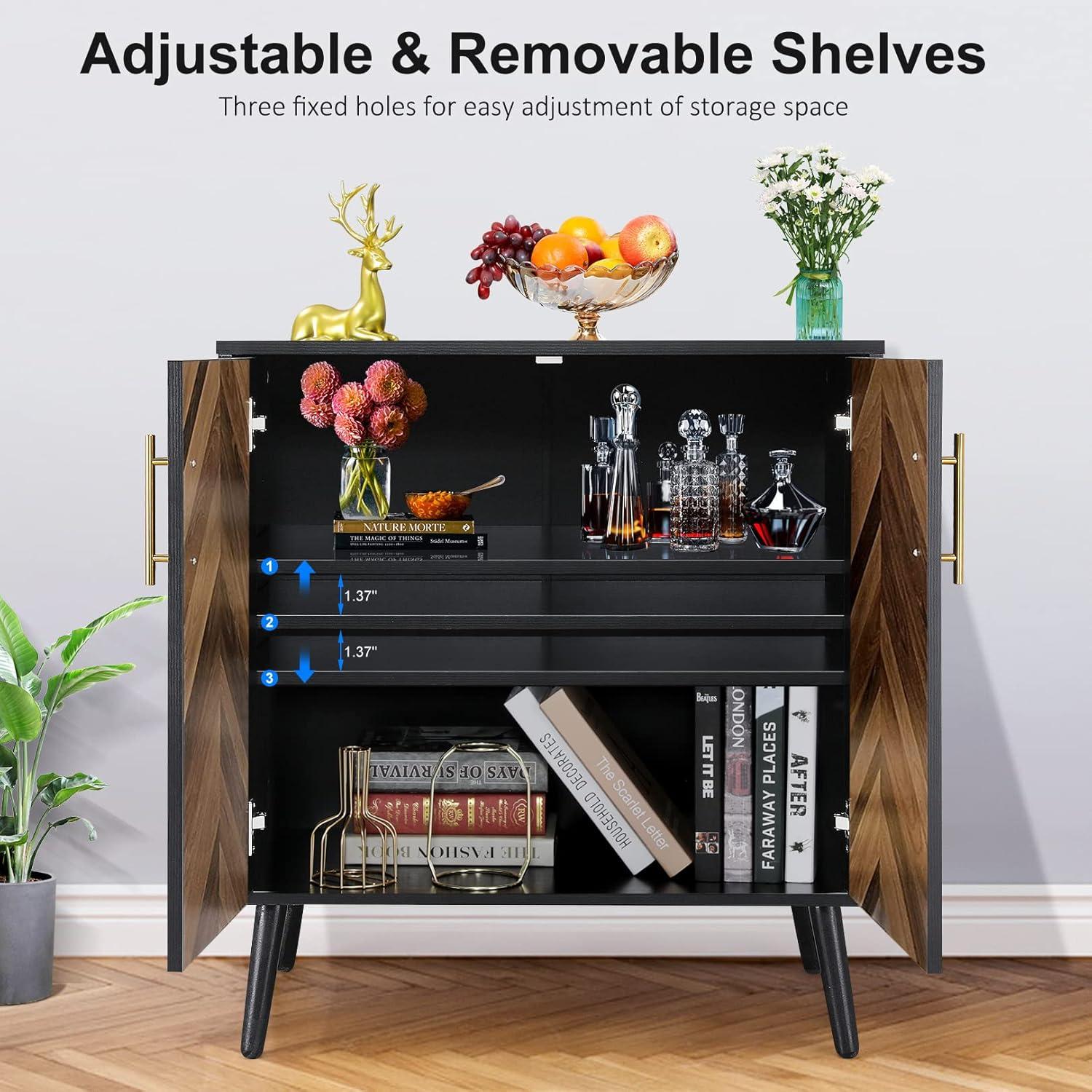 Accent Cabinet, Black Storage Cabinet with Doors Mid Century Modern Sideboard Buffet Cabinet with Storage Shelves Small Wood Accent Cabinets for Living Room Entryway Office, Brown Herringbone