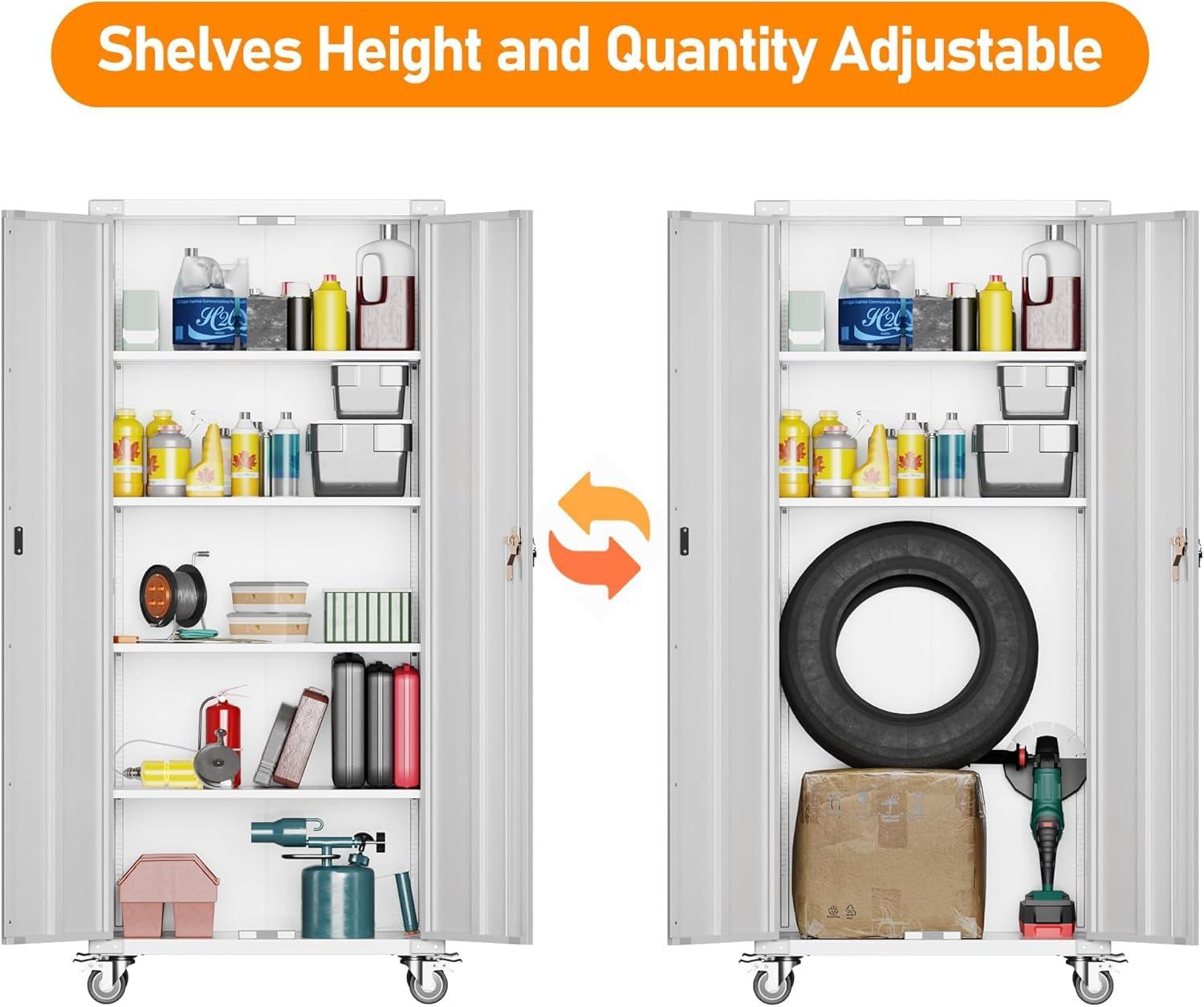 AOBABO 72 Inch Locking Metal Garage Home Office Storage Cabinet with Universal Rubber Wheels/Lockable Casters and Magnetic Doors, White
