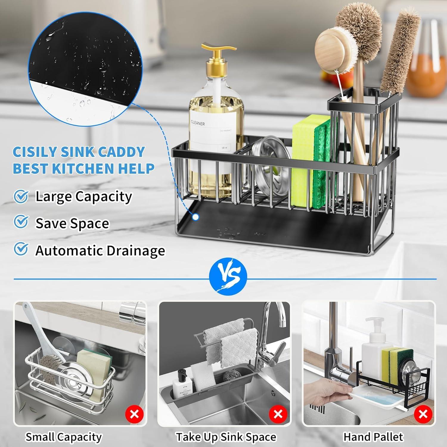 WKING Stainless Steel Kitchen Sink Caddy Organizer With Draining Tray, Rustproof Sponge Holder For Sink, Adjustable Compartments, Space-Saving Design