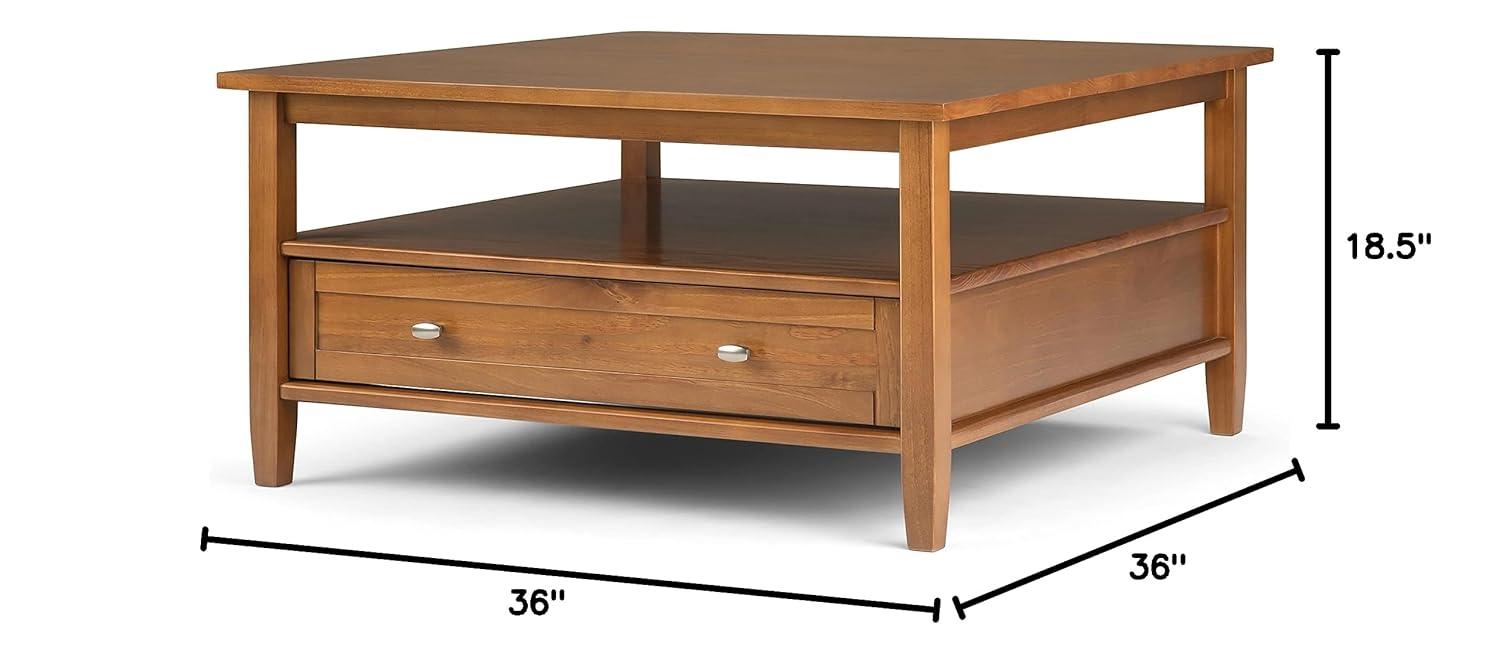 Simpli Home Warm Shaker 36"W Solid Wood Square Coffee Table with Two Drawers and Open Shelf