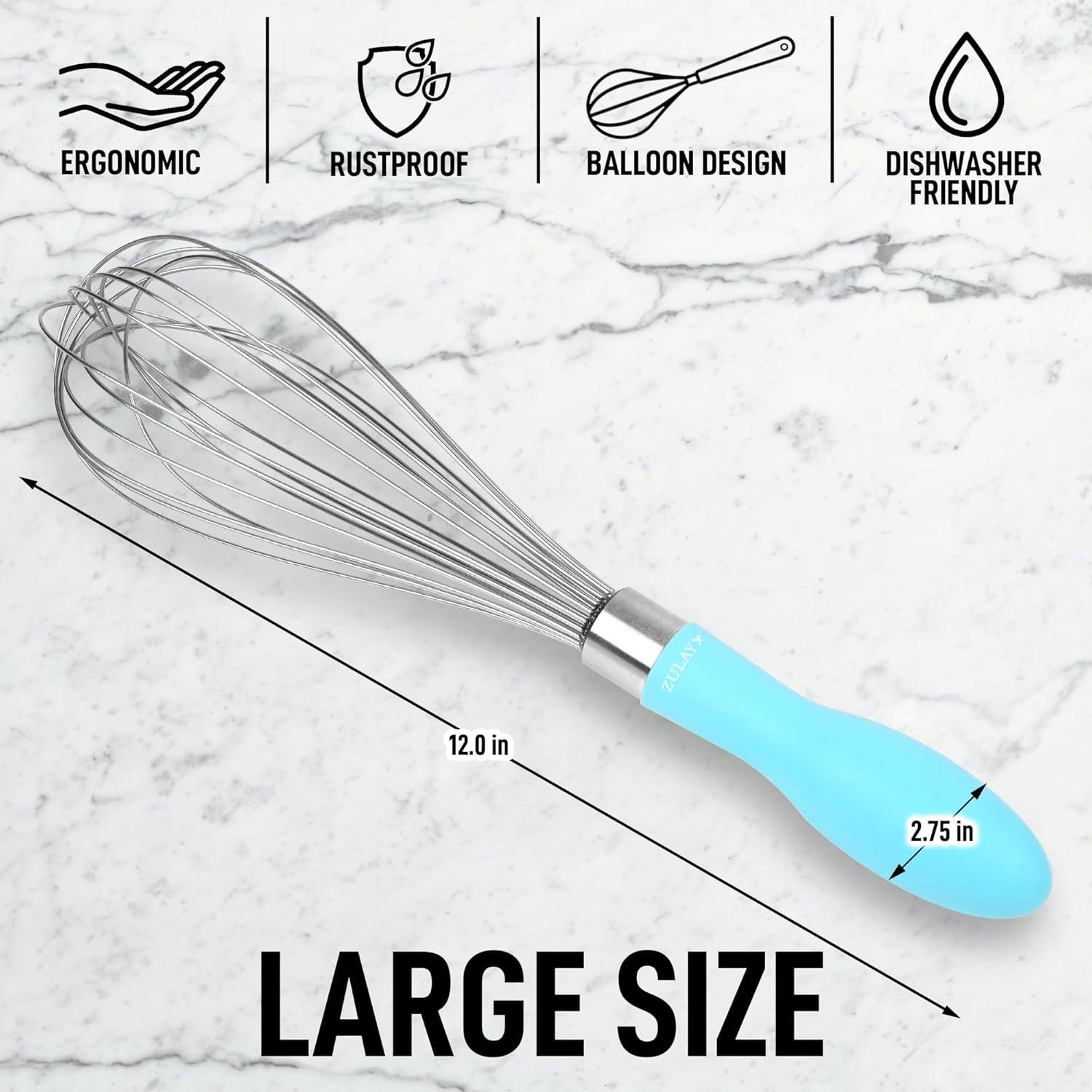 Zulay Kitchen Stainless Steel Balloon Whisk 12 Inch – Heavy Duty and Durable Wire Whisk with Non-Slip Silicone Handle for Blending, Whipping & Beating - Light Blue
