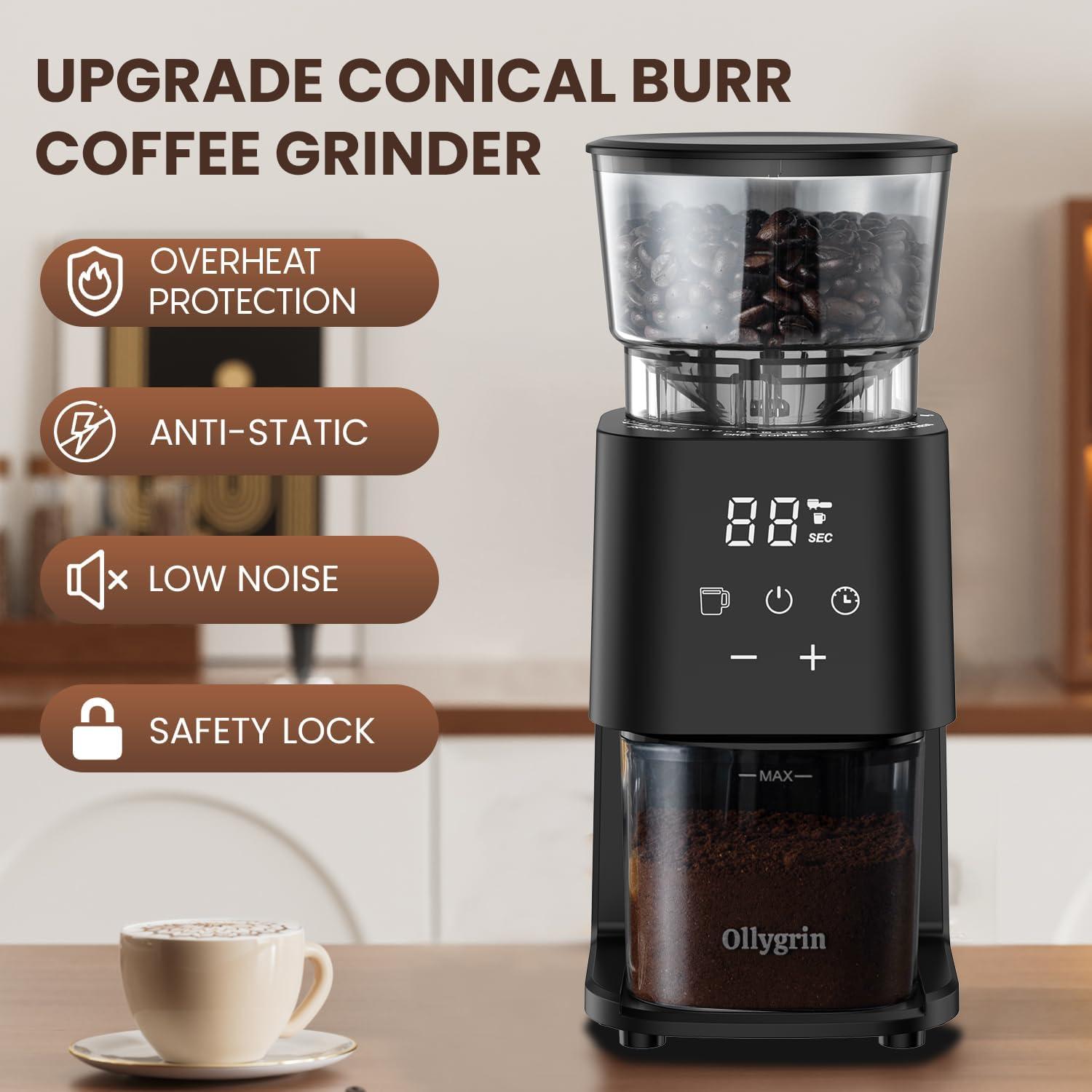 Ollygrin Conical Burr Coffee Grinder Electric Coffee Bean Grinder With Lcd Screen 30 Grind Settings Burr Mill Grinder, 2-12 Cups