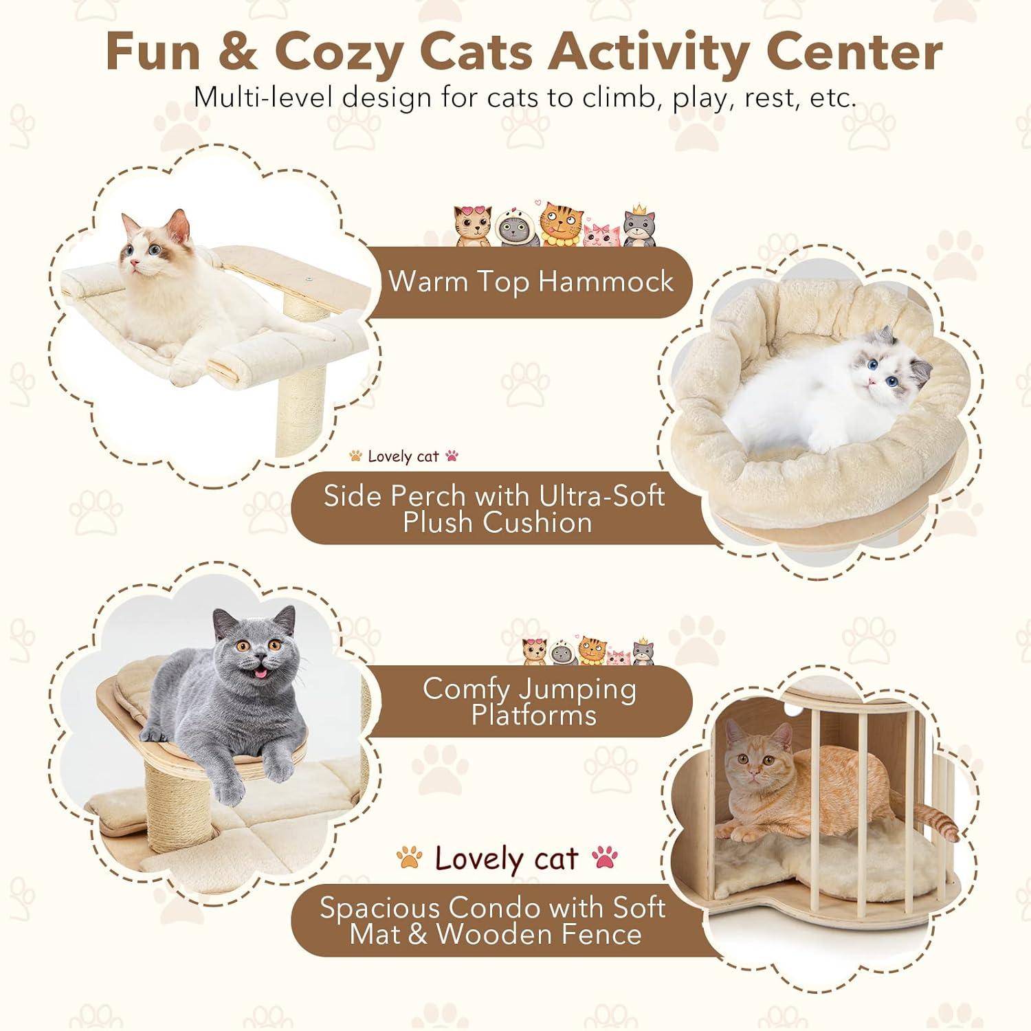 Tangkula Wood Cat Tree for Indoor Cats, 55 Inch Multi-Level Cat Tower Activity Center with Hammock, Cat Condo, Sisal Scratching Posts & Washable Cushions, Modern Cat Tree Houses for Large Cats