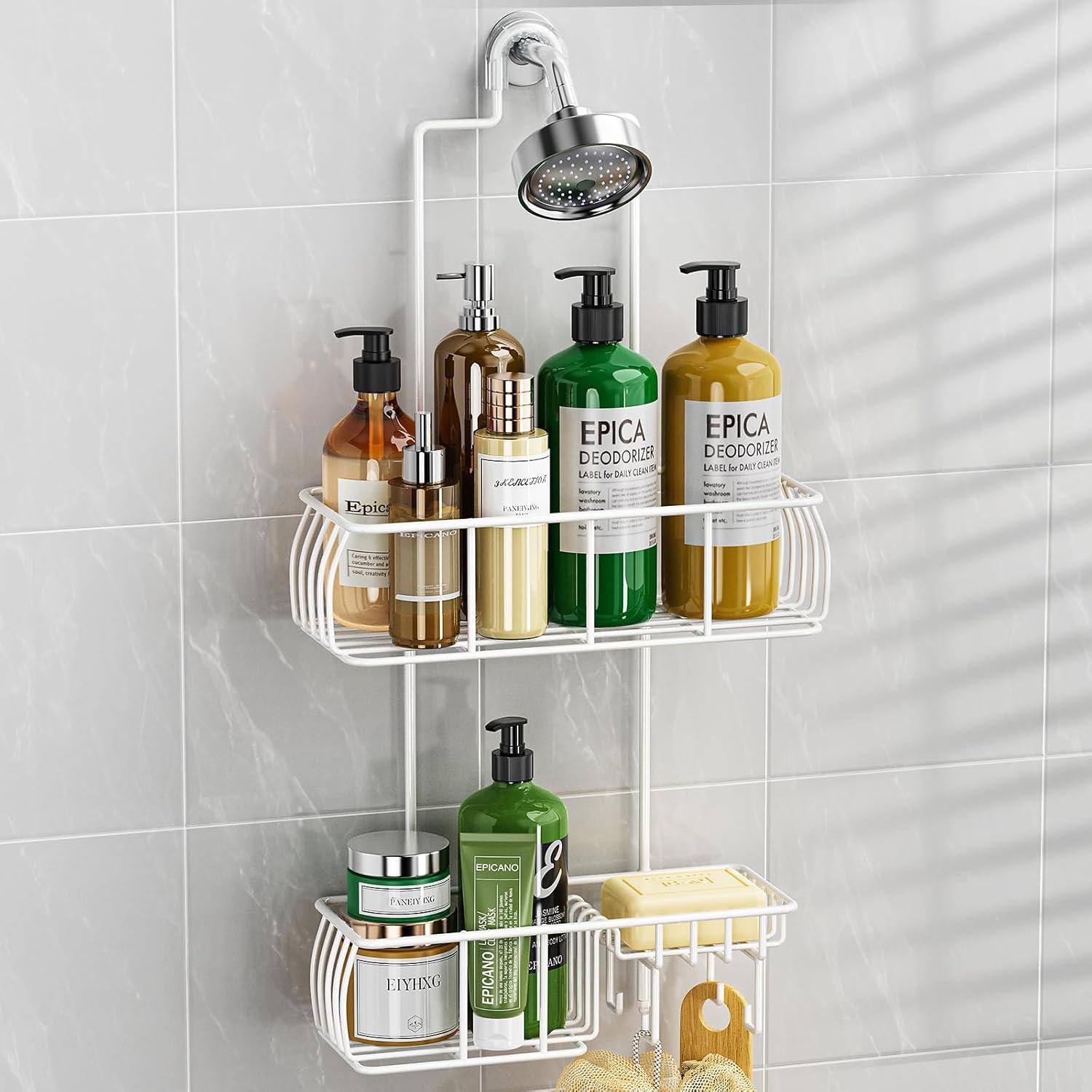 Epicano Shower Caddy Hanging, Anti-Swing Over Head Shower Caddy Rustproof with hooks for Towels, Sponge and more,White