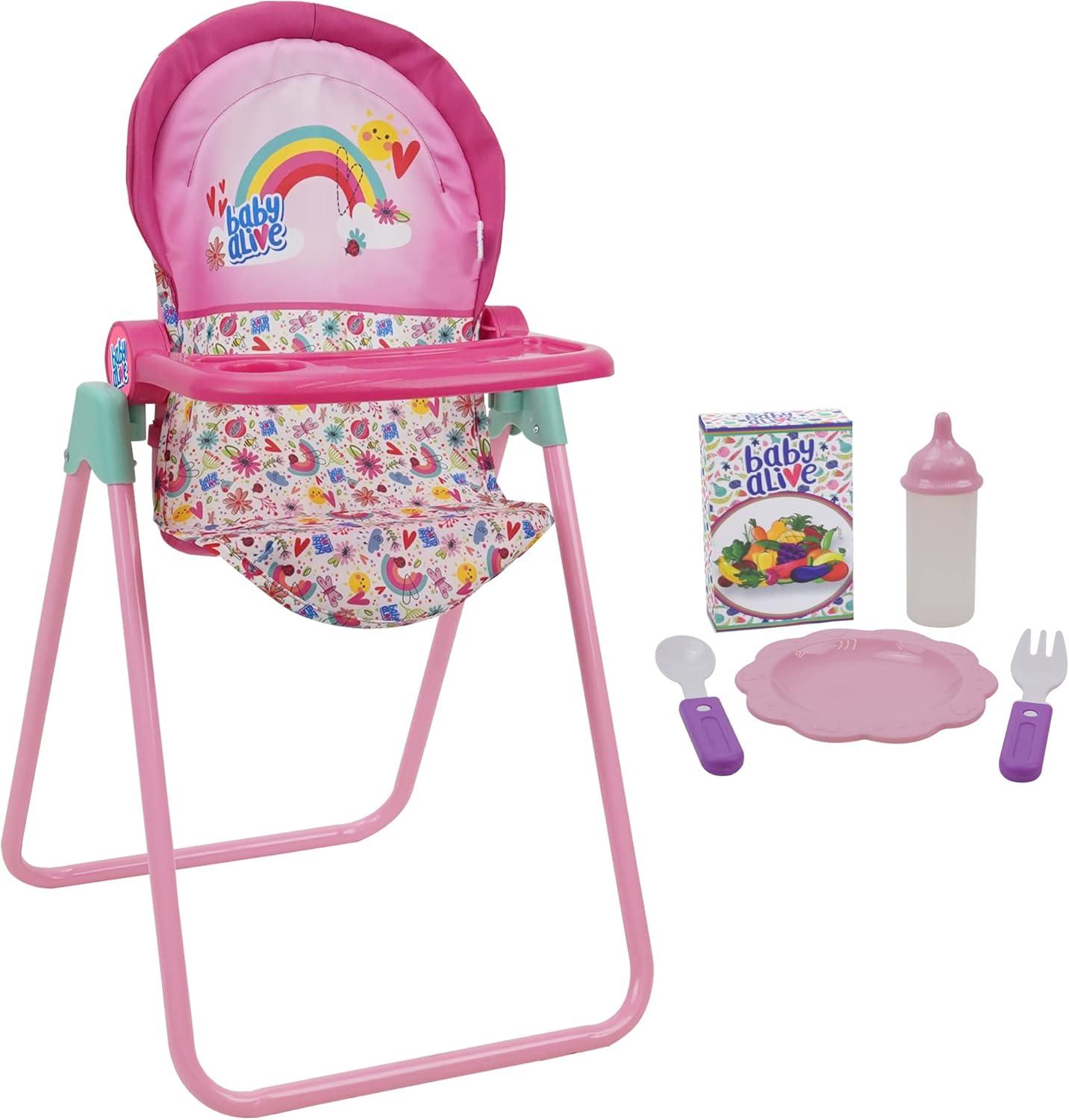 Baby Alive Doll Highchair Set - Pink & Rainbow - 6 Pieces, Fits Dolls Up to 24"